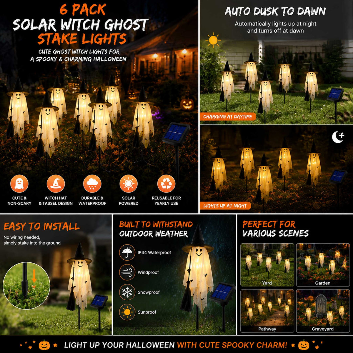 6 Pack Solar Ghost Stake Lights, Halloween Witch Hat LED Garden Lights for Outdoor Yard Garden Pathway and Porch Decor