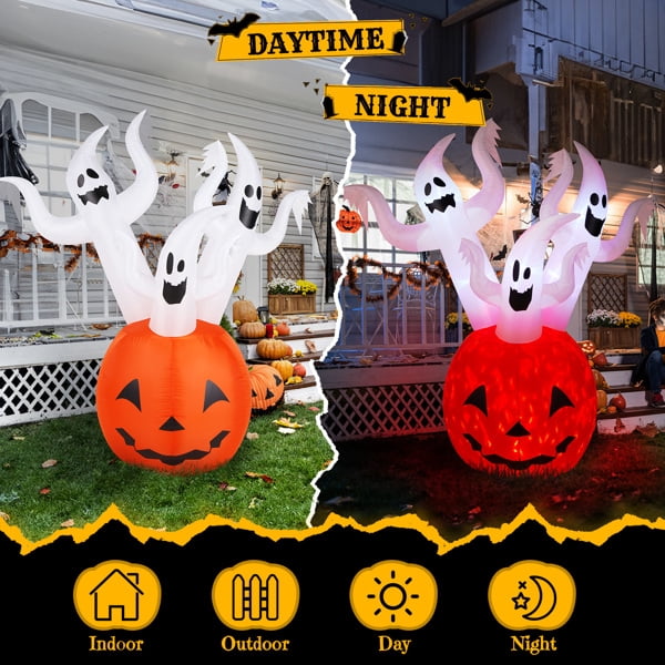 5.9FT Halloween Inflatable Pumpkin Ghost, Built-in LED Lights, Waterproof Polyester for Yard/Garden