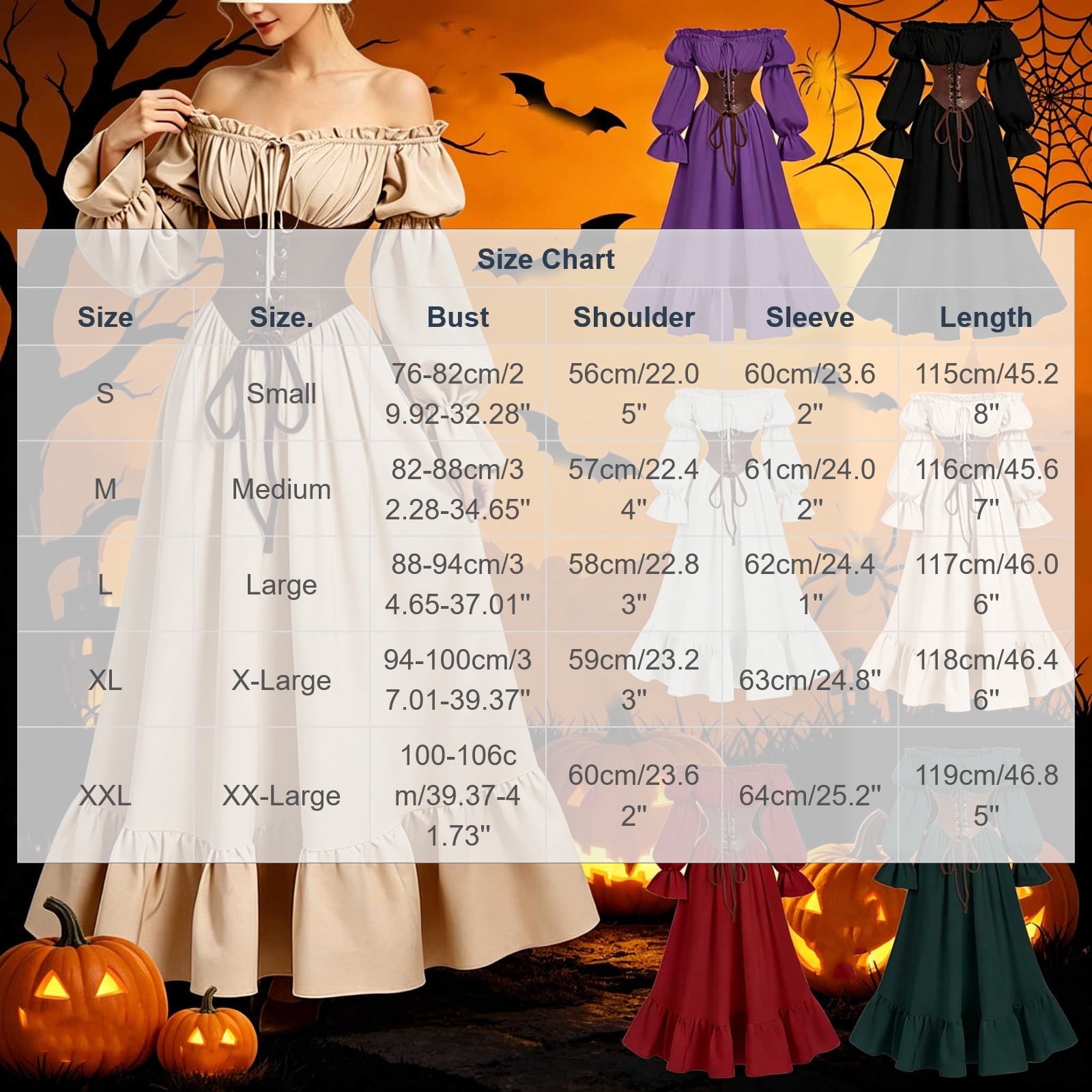 QATAINLAV Renaissance Costume Women Vintage Medieval Dress Cold Shoulder Short Sleeve Peasant Pirate Irish Maxi Dresses, Black, L