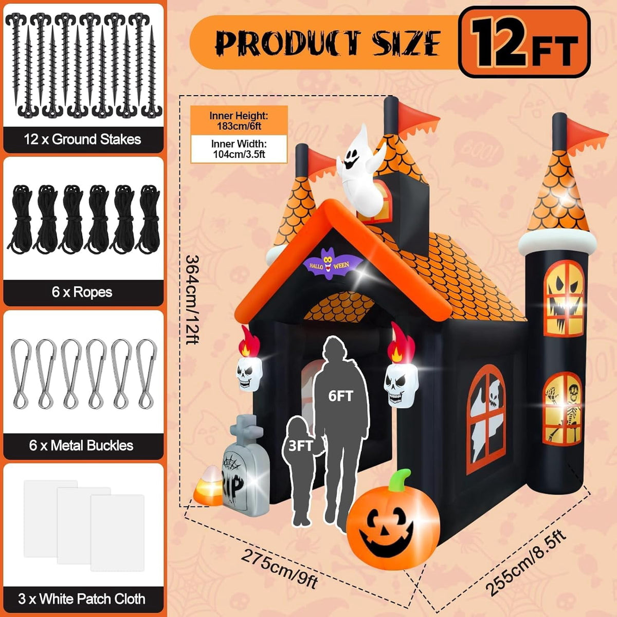 12FT Halloween Inflatable Archway, Kalolary Large Haunted House Inflatable Ghost Pumpkin Blow up Tunnel Halloween Outdoor Indoor Decorations Holiday Yard Lawn Inflatables for Home Family Party