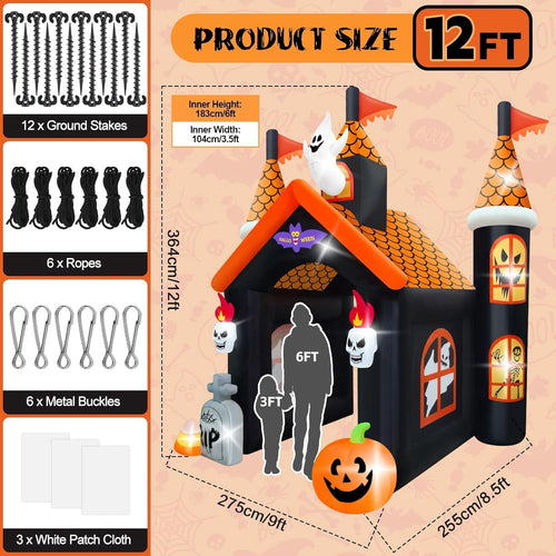 12FT Halloween Inflatable Archway, Kalolary Large Haunted House Inflatable Ghost Pumpkin Blow up Tunnel Halloween Outdoor Indoor Decorations Holiday Yard Lawn Inflatables for Home Family Party