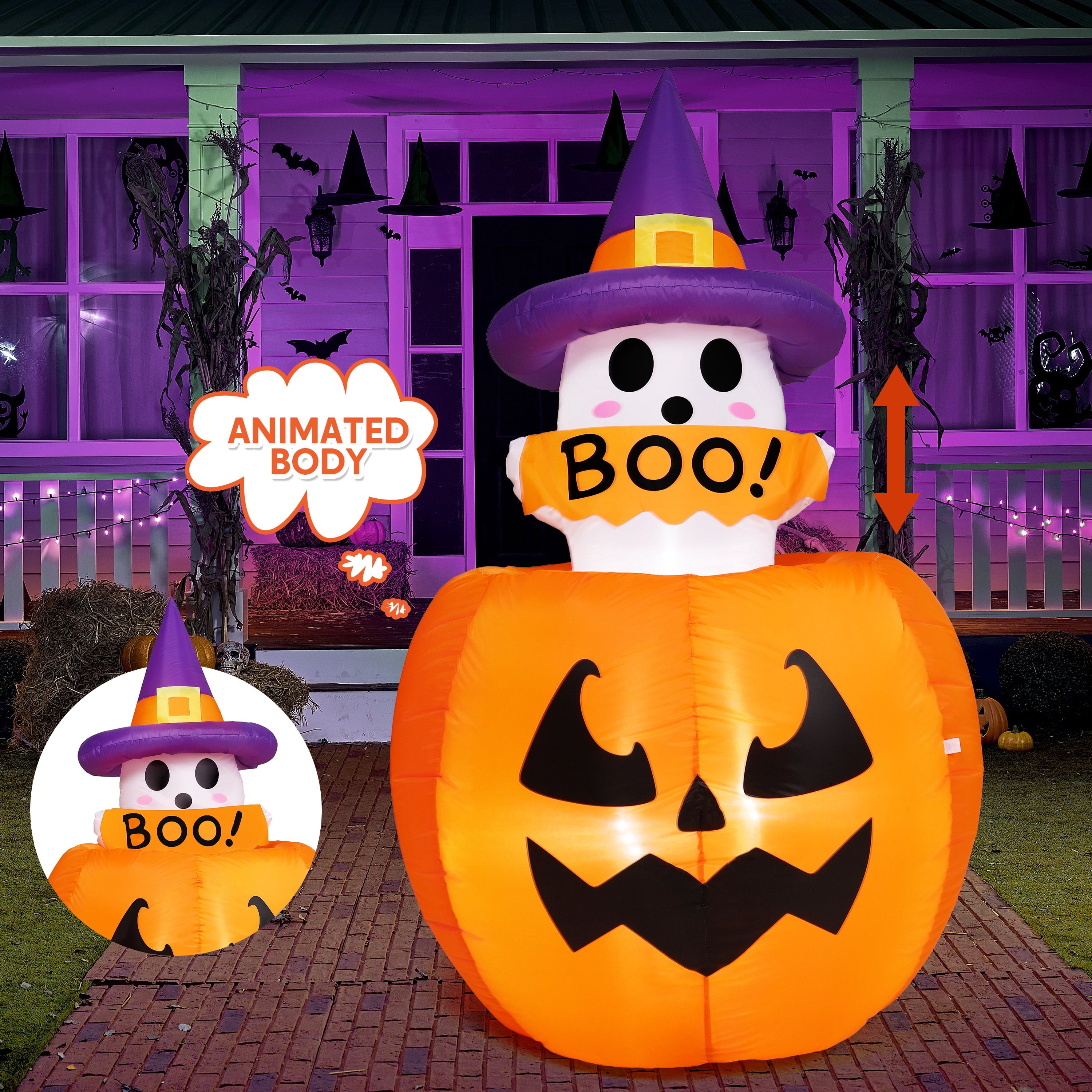 Joyfy 5 ft Halloween Inflatable Animated Cat on Pumpkin,Halloween Outdoor Decoration with LED Lights,Blow Up Decoration for Yard & Lawn,Party
