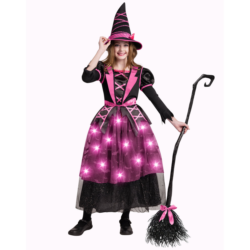 Joyfy Light up Witch Costume for Girls,Starry Witch Dress with Broom Hat for Kids and Toddlers, Perfect for Halloween Party Dress-up Cosplay Age 5-7