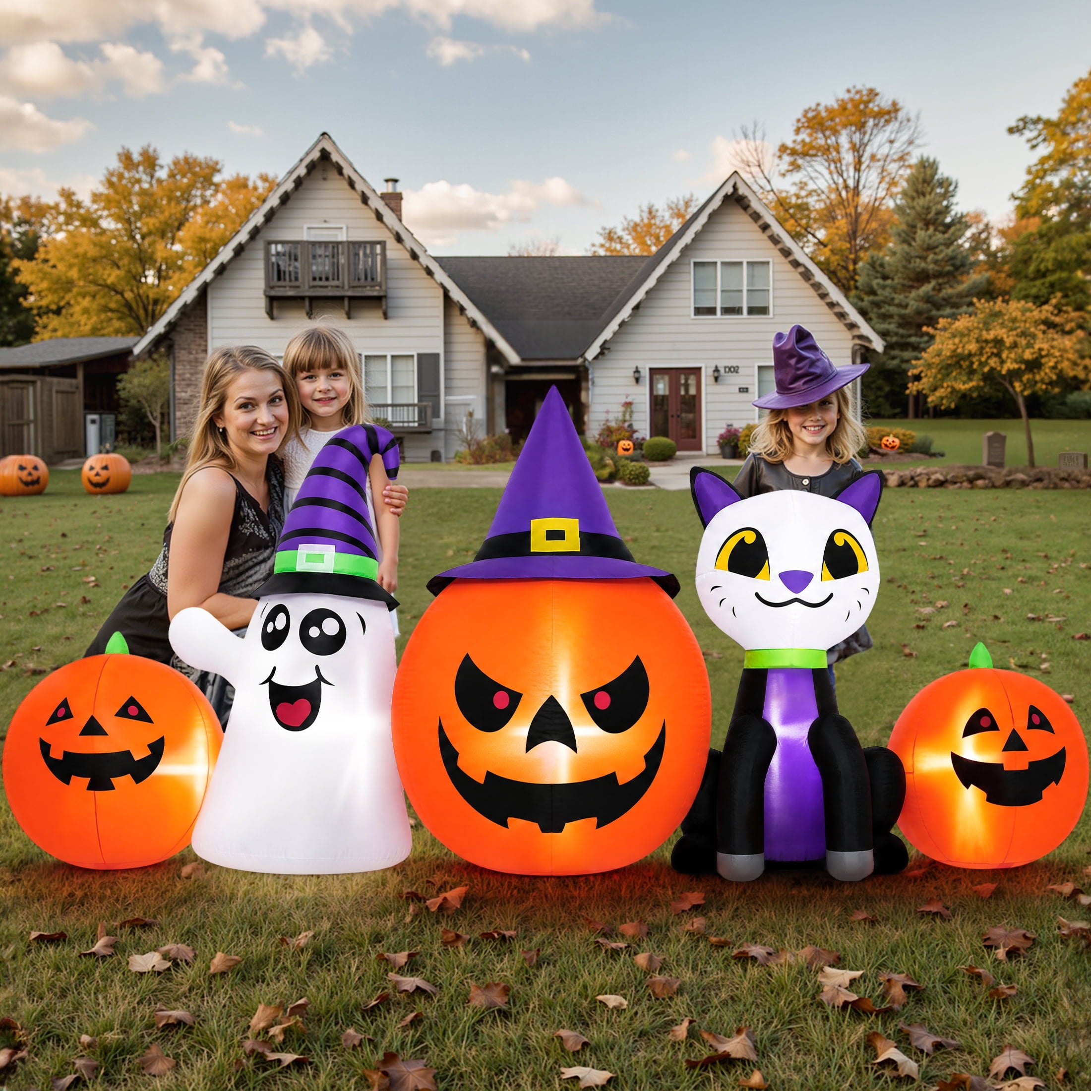 Firstness 8FT Halloween Inflatable Pumpkins Ghost Cat with Lights,Blow ups Outdoor Decorations for Yard