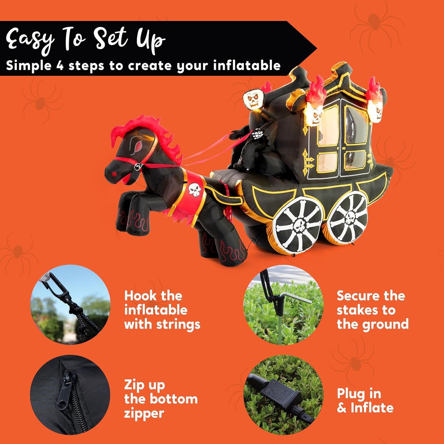 Joyfy 8ft Long Halloween Inflatables Outdoor Decorations,Spooky Pumpkin Carriage with Built-in LEDs,Blow Up Halloween Decoration for Yard