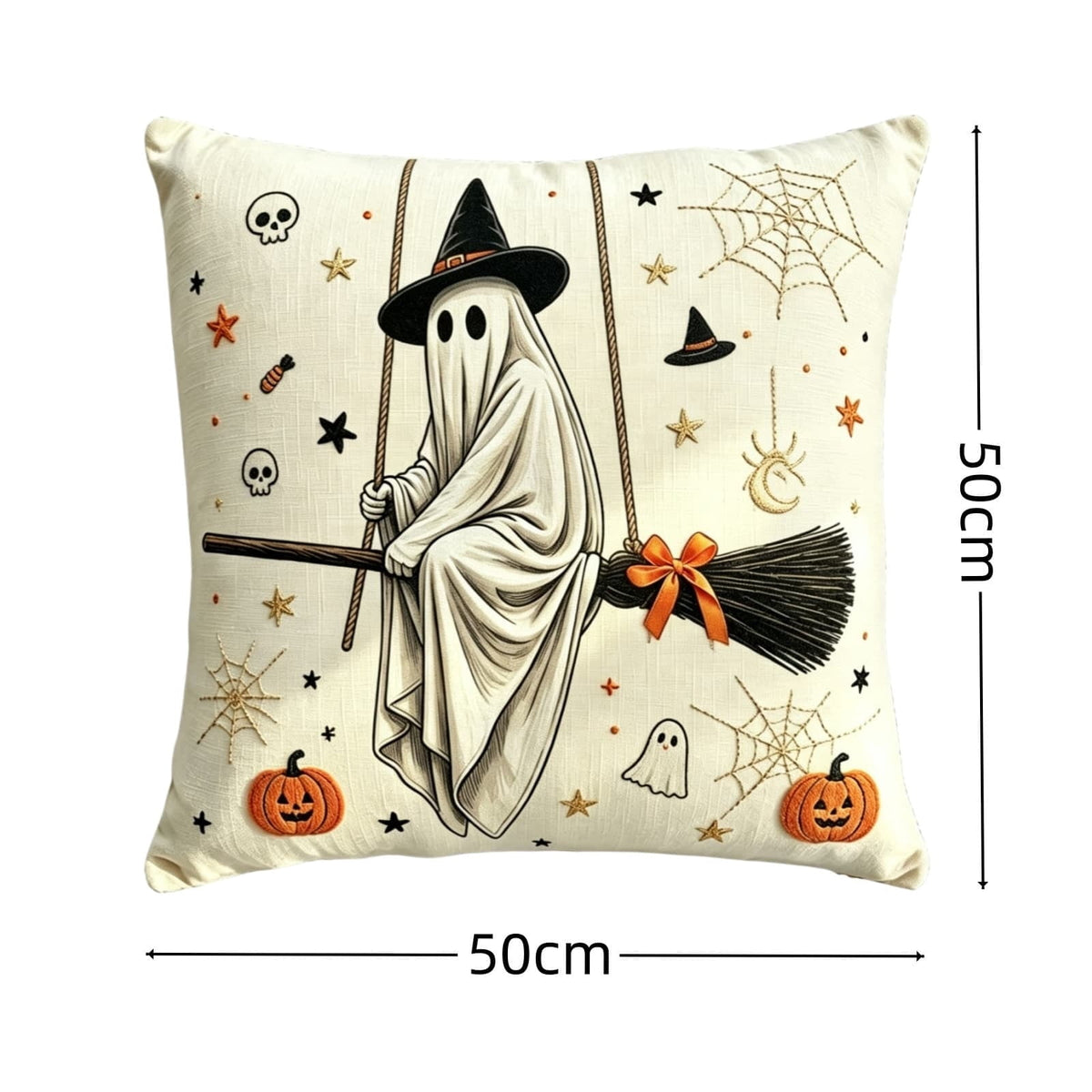 Halloween Ghost Reading Book Throw Pillow Cover, Spooky Library Bookshelf Skull Candlestick Decorative Pillowcase, Retro Halloween Cushion Cover