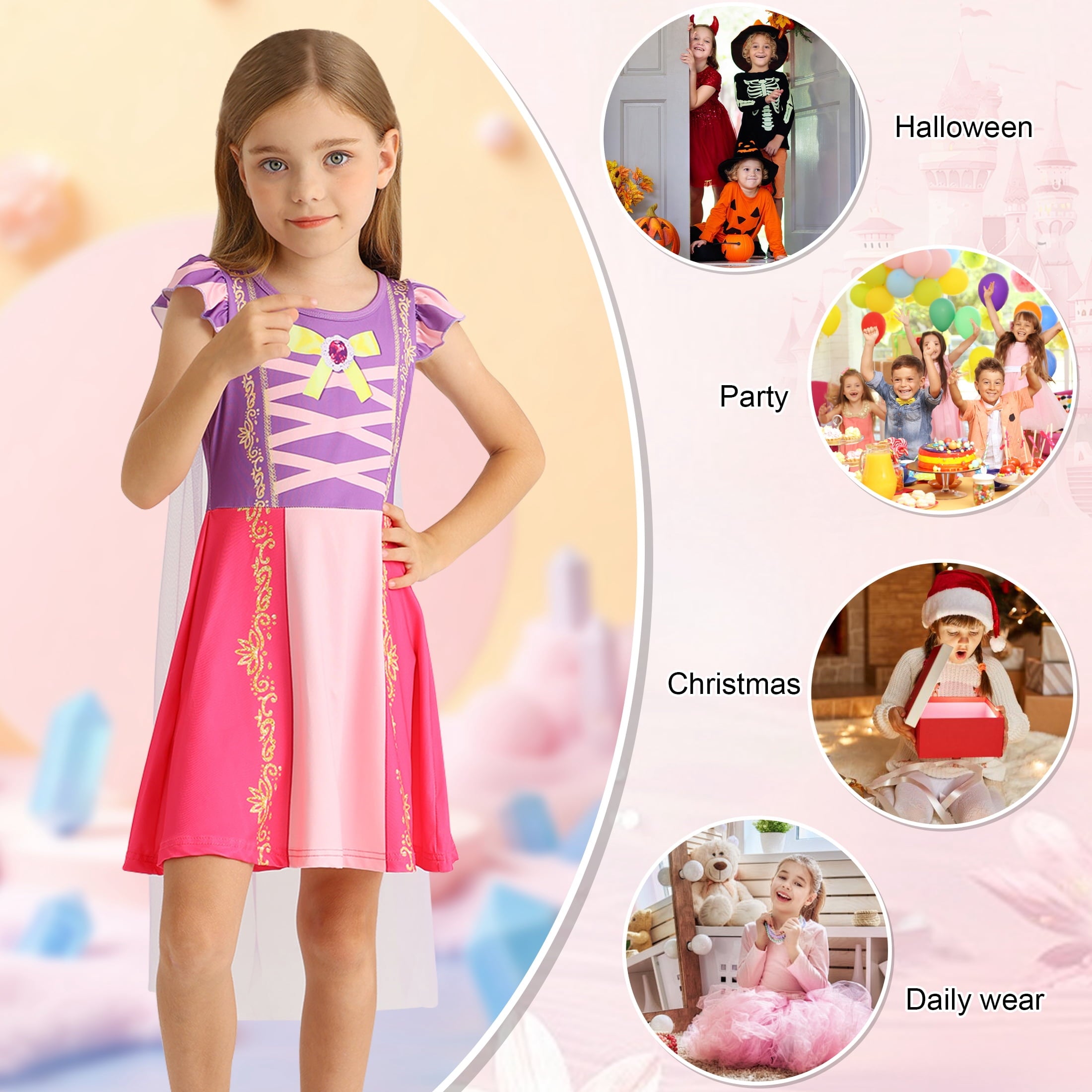 Benylion Girls Ice Princess Dress Halloween Cosplay Costumes With Tulle Cape Kids Birthday Party Dress up Outfit for 7-8 Years