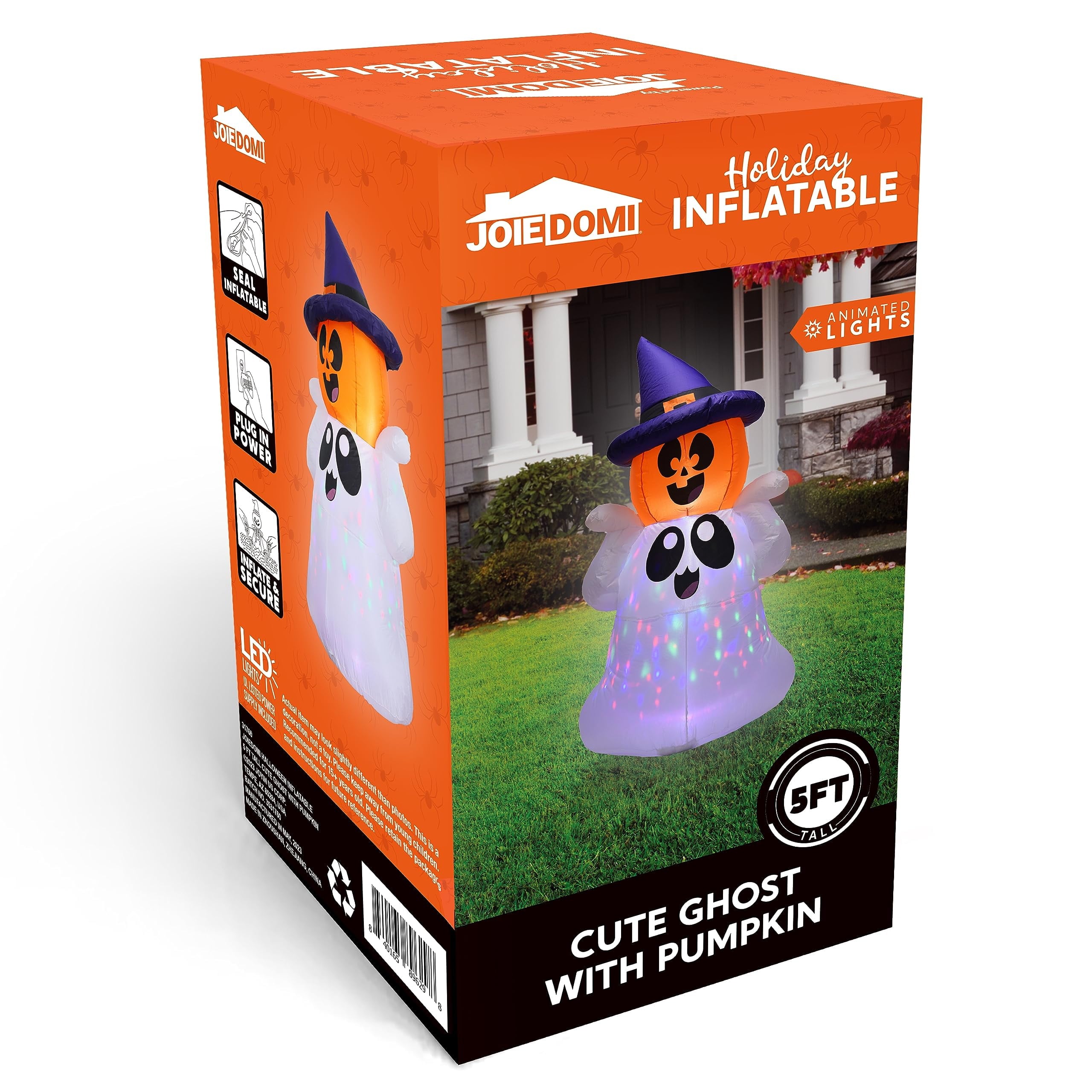 Joyfy 5Ft Halloween Inflatable Pumpkin Ghost with Colorful LED Lights,Halloween Blow Up Cute Decor for Indoor Outdoor Holiday Yard Decoration