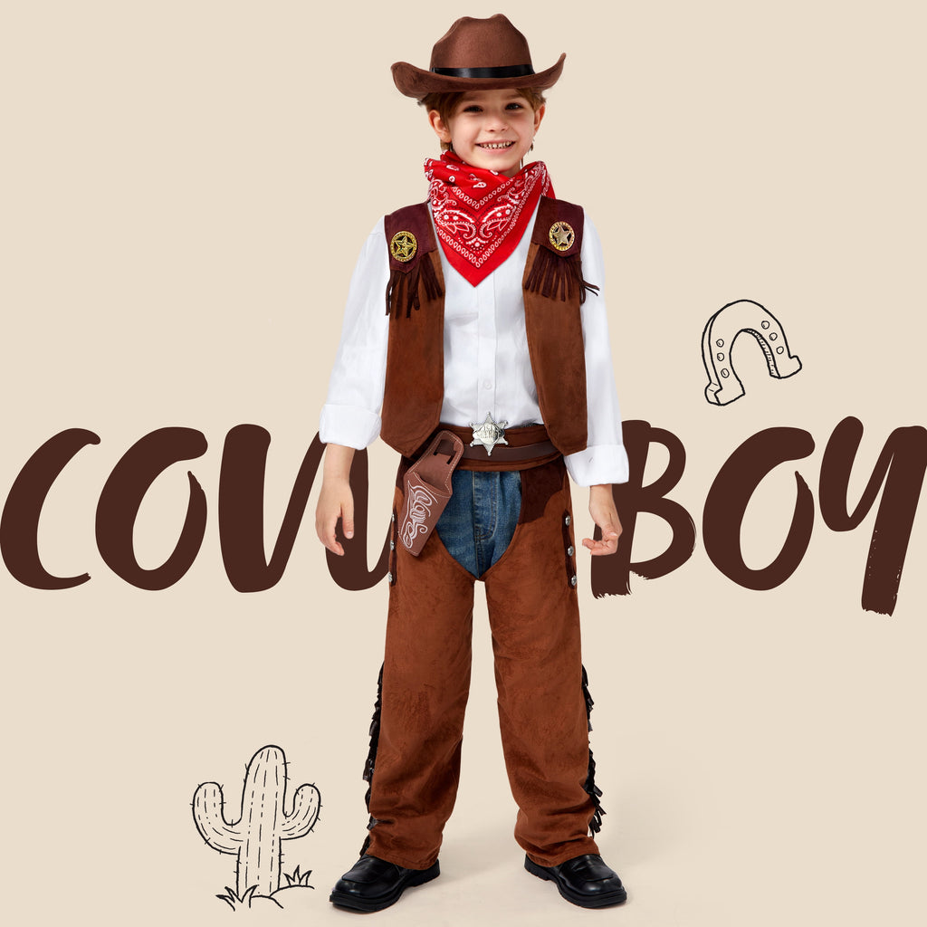Joyfy Halloween Cowboy Costume for Boys, Kids Cowboy Costume Set, Brown Western Style Cowboy Outfit with Cowboy Hat for Toddler Dress-up Party Cosplay