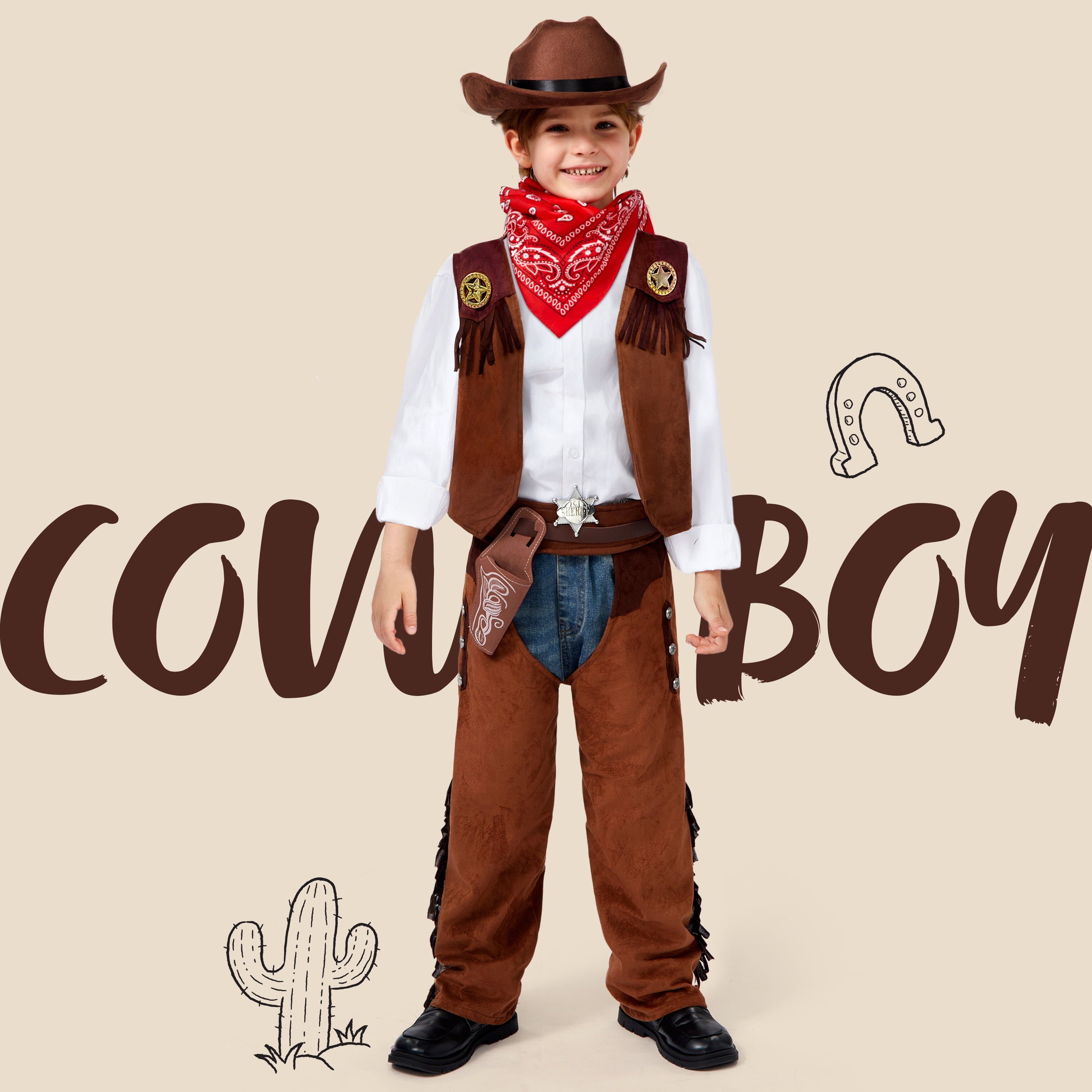 Joyfy Halloween Cowboy Costume for Boys, Kids Cowboy Costume Set, Brown Western Style Cowboy Outfit with Cowboy Hat for Toddler Dress-up Party Cosplay
