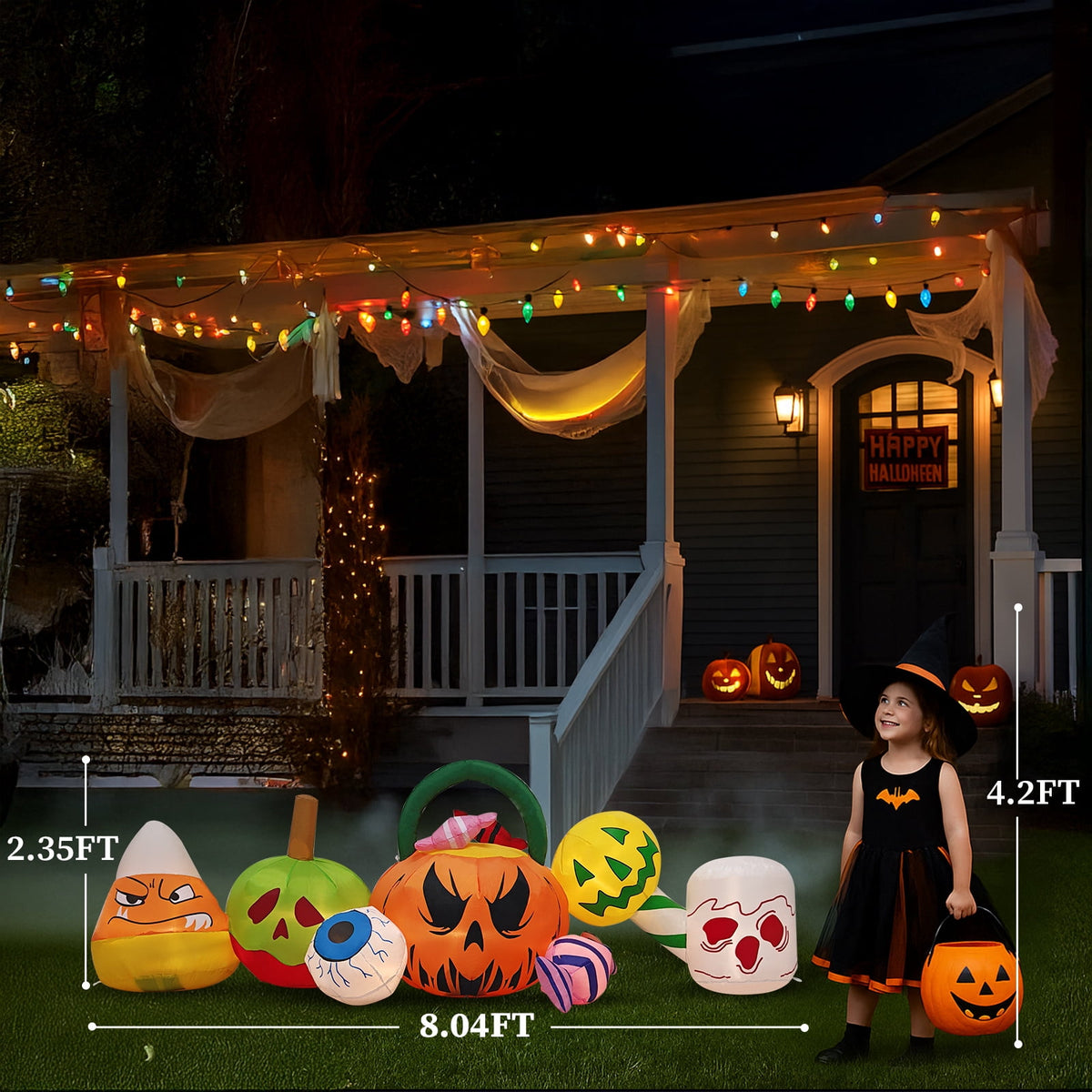 Zimtown 8 FT Halloween Inflatables Pumpkin Candy, Halloween Decoration Blow up Pumpkins and Eyes w/ Build-in LEDs for Halloween Party