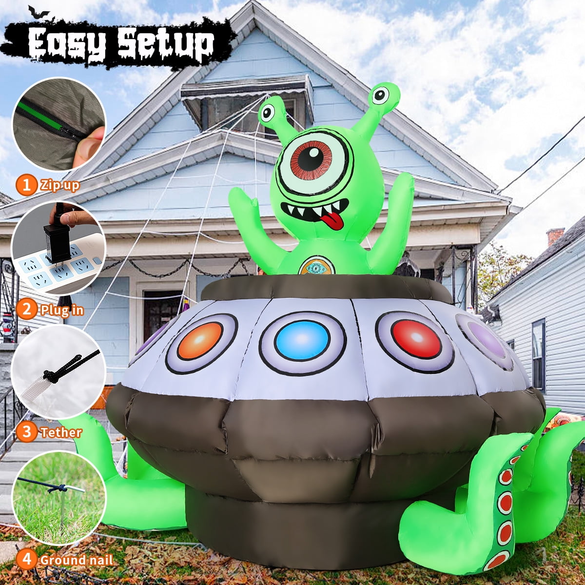 GOOSH Halloween Inflatables 5.2 FT Animated Alien Spaceship Inflatable, Blow up Alien Spaceship with Built-in LED Lights, Outdoor Halloween Decorations for Halloween Holiday Party Indoor Outdoor