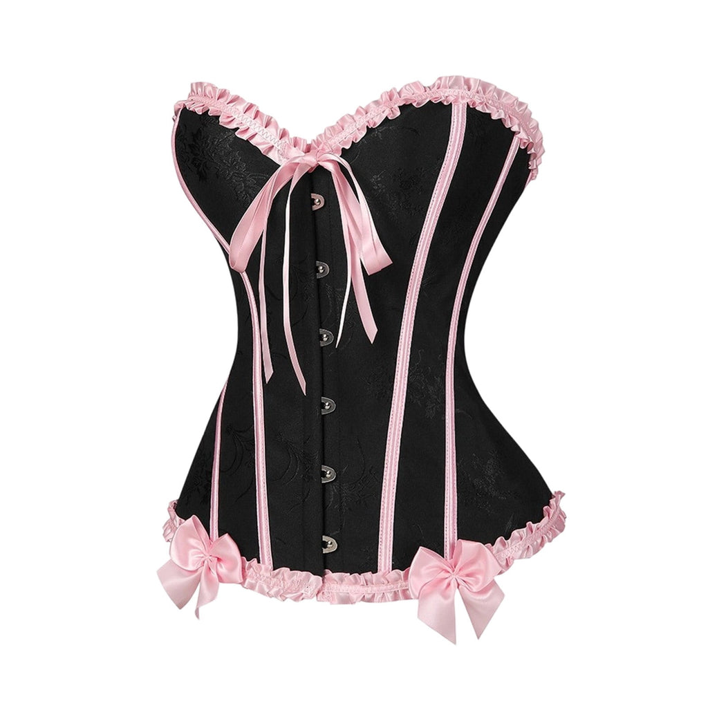 JOANKDMI Women's Chic Gothic Steampunk Corset Top with Ribbon Tie and Ruffle Trim Elegant Bustier for Pirate Roleplay and Vampire Halloween Dress Up Outfit