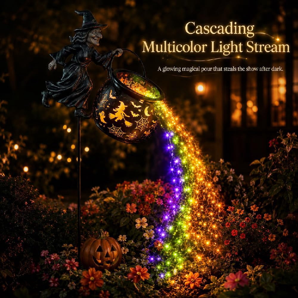 Light up Halloween Decor - Witch Cauldron Garden Light with Stake, Multicolor Potion Cascade & Cutout Shadow Projection, Outdoor Yard for Porch Lawn Patio, Party & Seasonal Display