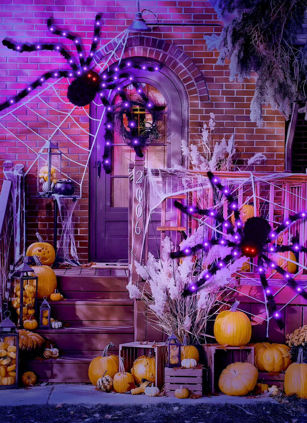 Halloween Decorations Outdoor Spider Webs: 1Pcs Giant Spiders - 200'' Triangular Web with Hook - Stretch Web and Ground Stakes for Large Halloween Decor and Haunted House Decoration