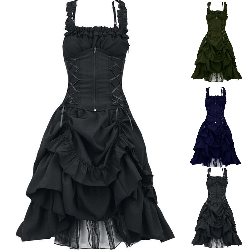 UPPADA Halloween Costumes For Womens Sleeveless Irregular Gothic Dress Ruffle Steampunk Dress Corset Square Neck Layers Dress