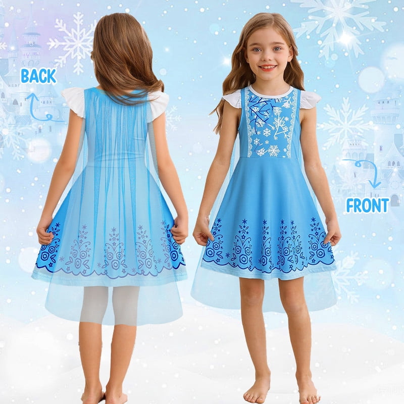 Benylion Girls Ice Princess Dress Halloween Cosplay Costumes With Tulle Cape Kids Birthday Party Dress up Outfit for 7-8 Years