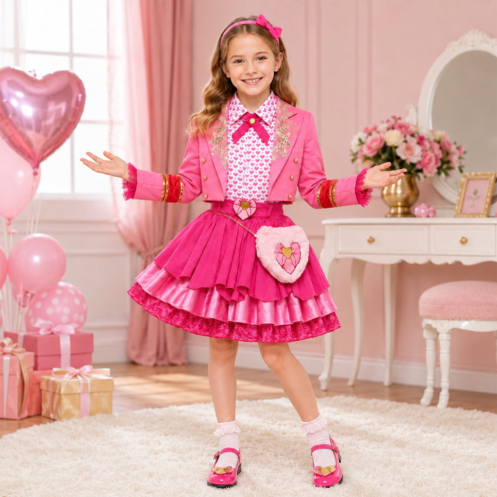 Guvpev G'irls Halloween Princess Costume, Pink Princess Dress Full Set with Heart Print Jacket, Shirt, Layered Skirt & Fuzzy Bag, Halloween Cosplay Outfits for Birthday Party & Fancy Dress Up