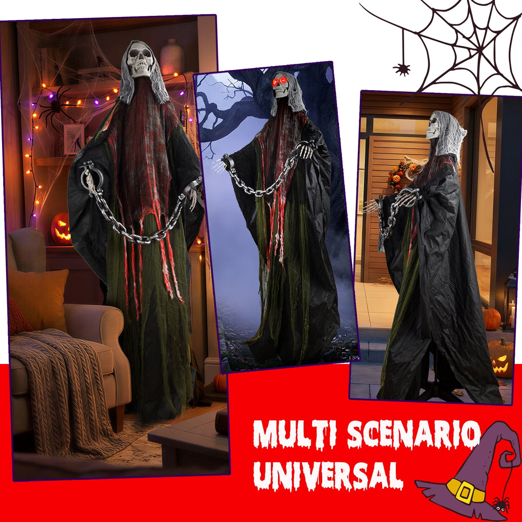 Magotan 6ft Halloween Outdoor Skeleton Ghost Decorations, Sound Controlled Swinging Scary Skeleton Ghost Halloween Decoration for Outdoor Garden Porch Yard Decor,Red