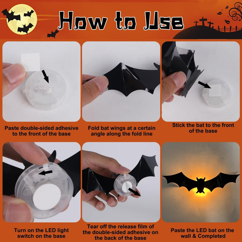 DUHKP 36 Pack Light Up Bats Halloween Decorations, Orange | 3D Stereoscopic Design, Removable Bat Wall Stickers, for Indoor Outdoor Windows & Home Parties