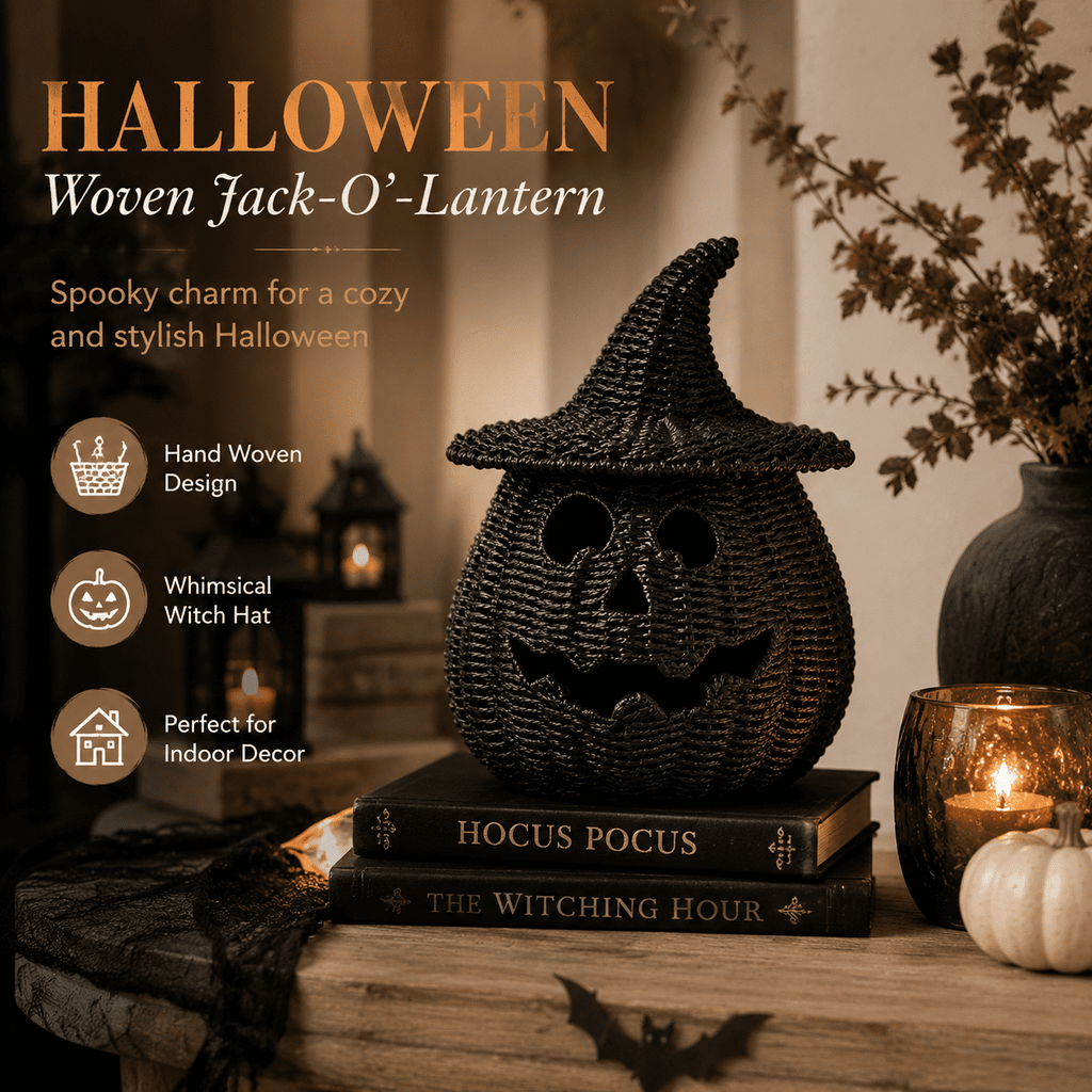 Aximioll Black Wicker Jack-O-Lantern Pumpkin 11.8In, Woven Rattan Halloween Pumpkin with Witch Hat, Cutout Face Tabletop Decor for Porch Entryway Mantel, Black