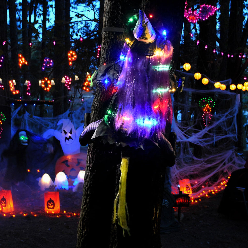 DAKIMOE Halloween Decoration Outdoor Witches Crashing Into Tree with Colorful LED Lights Crashed Witch Props Halloween Hanging Decorations for Indoor House Outdoor Yard Patio Decor 44''x33'' Orange