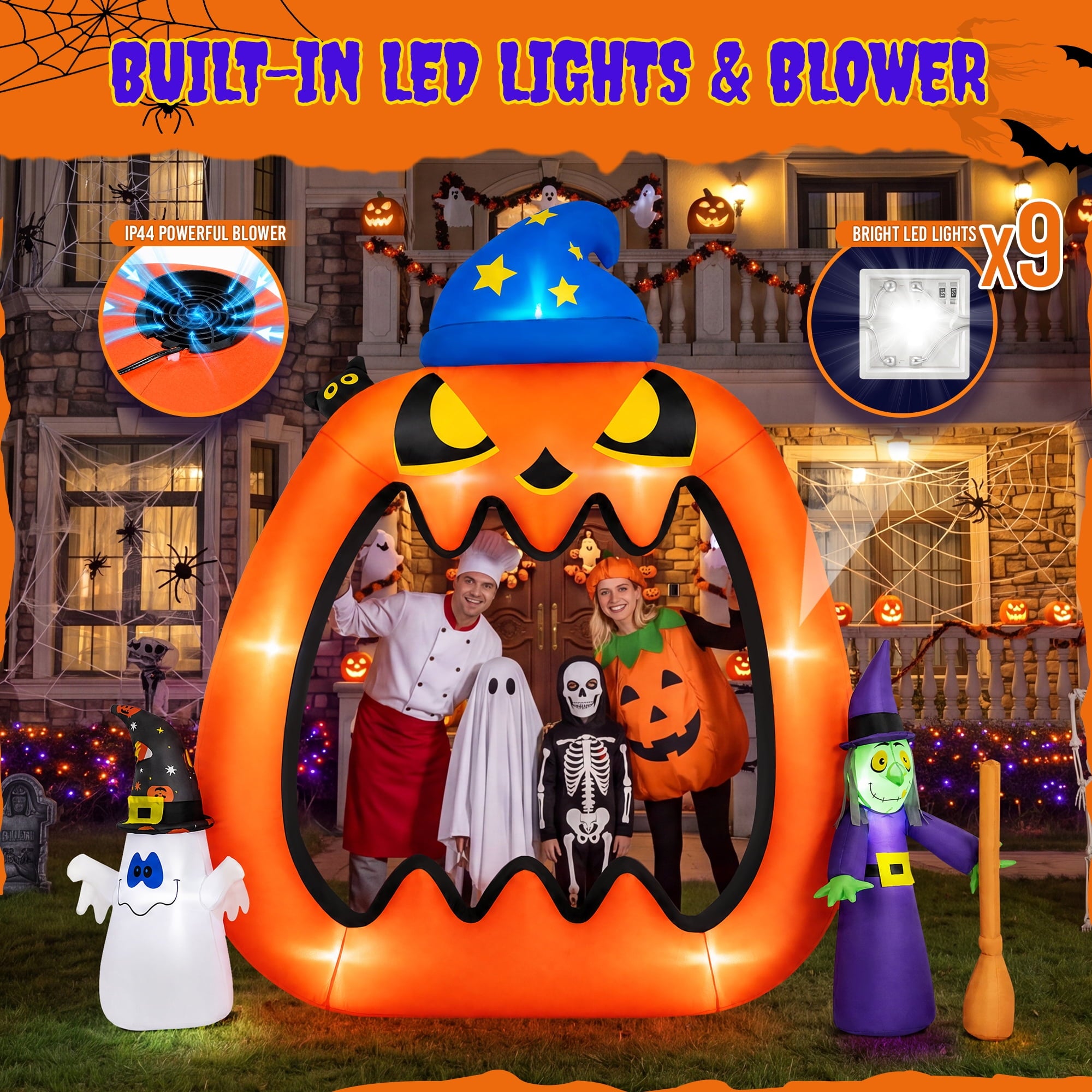 Firstness 8.2ft Halloween Inflatable Pumpkins Photo Door with Ghost Witch Yard Party Outdoor Decorations with LED Lights