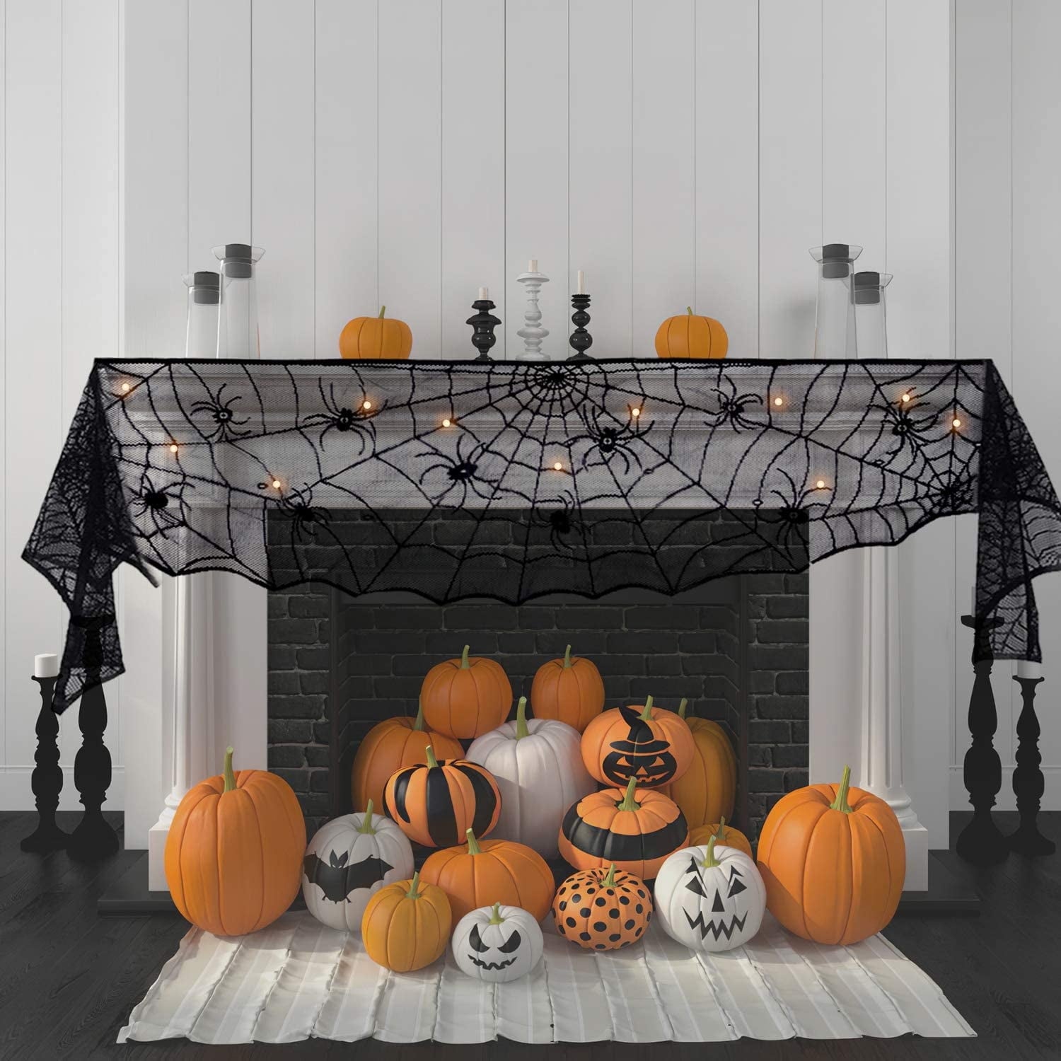 Fun Little Toys 8.4" Feet Halloween Lace Mantle Runner with String Lights,Halloween Decoration,Halloween Party Supplies,Halloween String Lights for Halloween Home Party Décor
