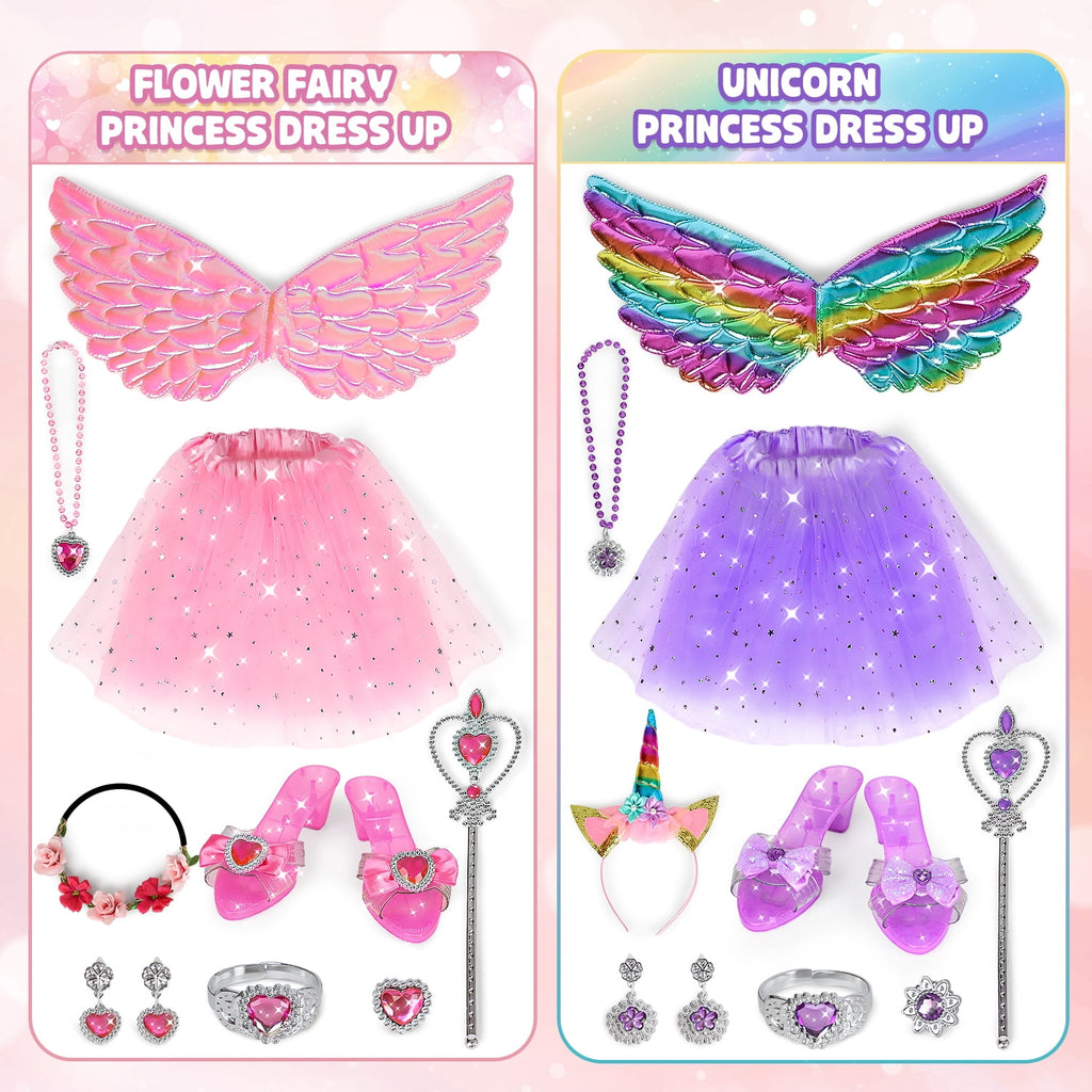 Princess Dress Up Toddler Girl Toys, Dress Up for Girls 3 4 5 6 Year Old, Princess Toys for Toddler, Upgraded with 3 Sets, Include Jewelry, Crown, Shoes, Princess Wand...Birthday Gift