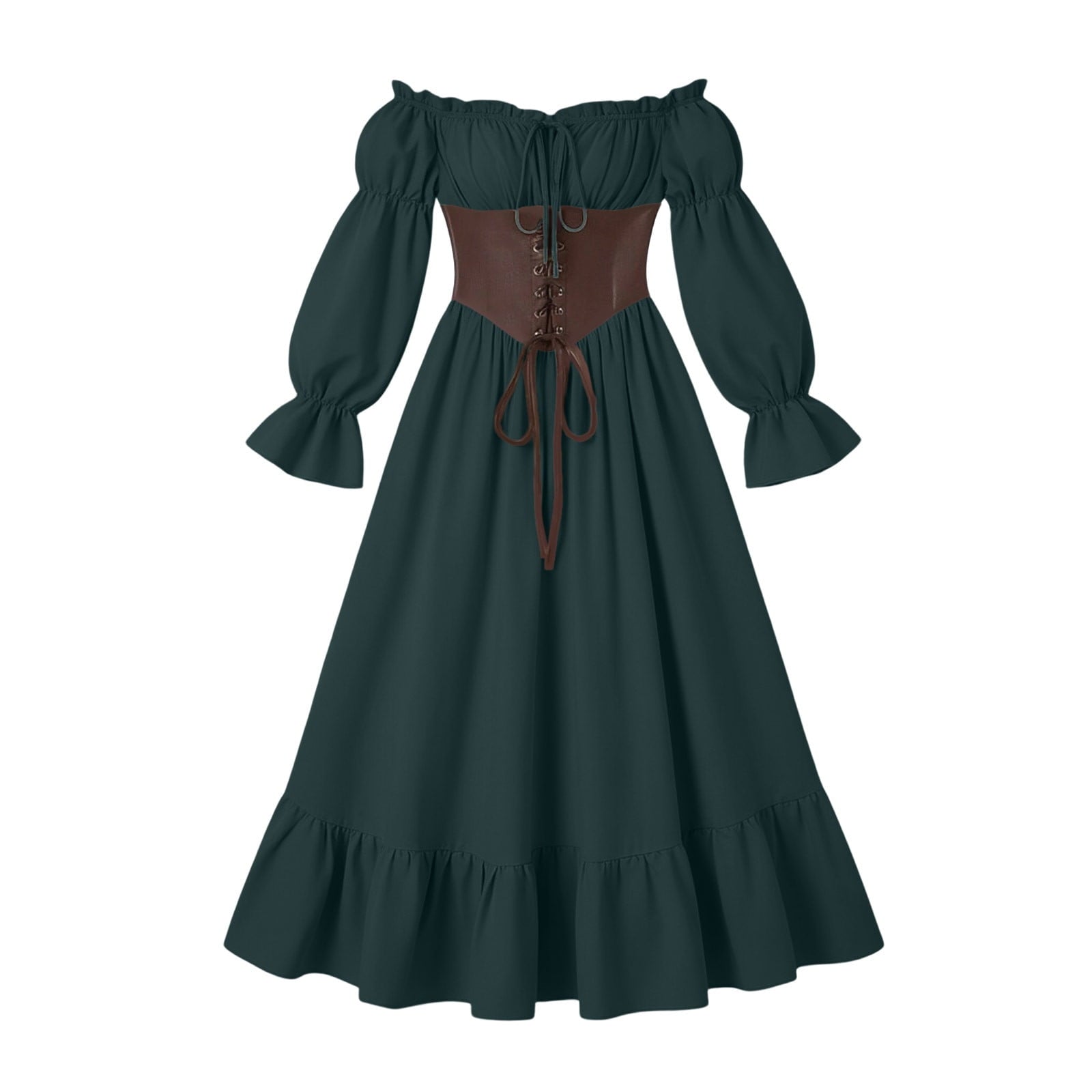 QATAINLAV Renaissance Costume Women Vintage Medieval Dress Cold Shoulder Short Sleeve Peasant Pirate Irish Maxi Dresses, Black, L