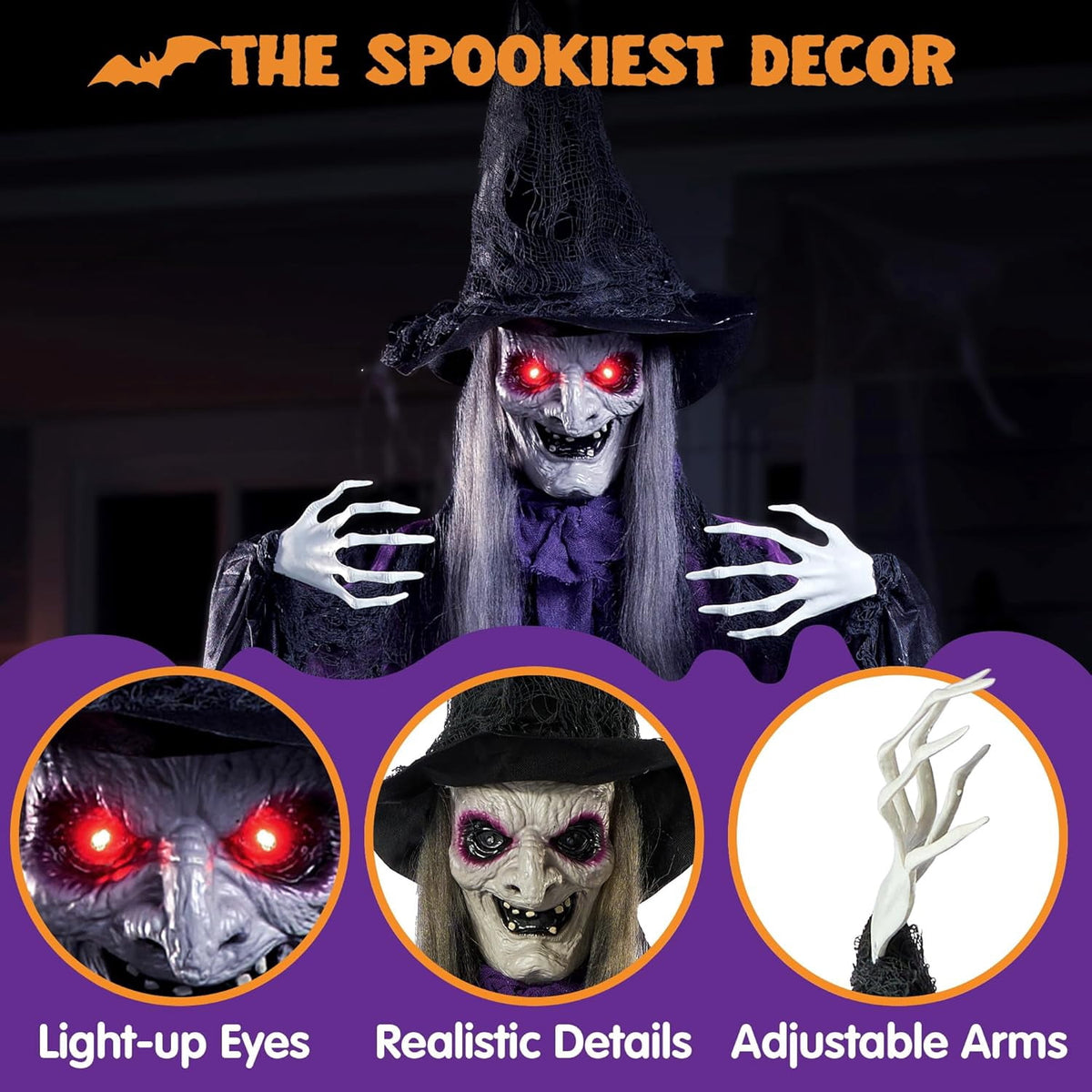 Joyfy 6ft Halloween Witch Decoration,Outdoor Scary Halloween Animatronic Hanging Witch with Light Up Eyes and Sound Decoration for Halloween Outdoor