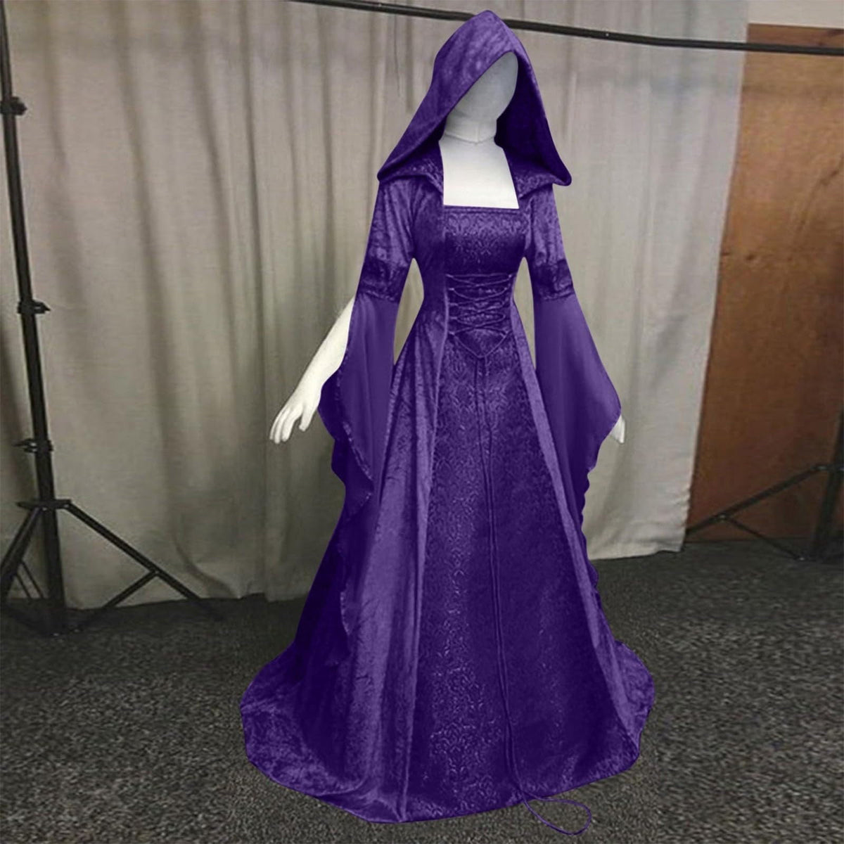 Women Gothic Cold Shoulder Midi Dress, Sheer Flare Bell Sleeve Front Corset Irregular Witch Costume Dress, Adult Halloween Dark Aesthetic Vintage Formal Evening Cosplay Party Outfit(Navy-2/M)