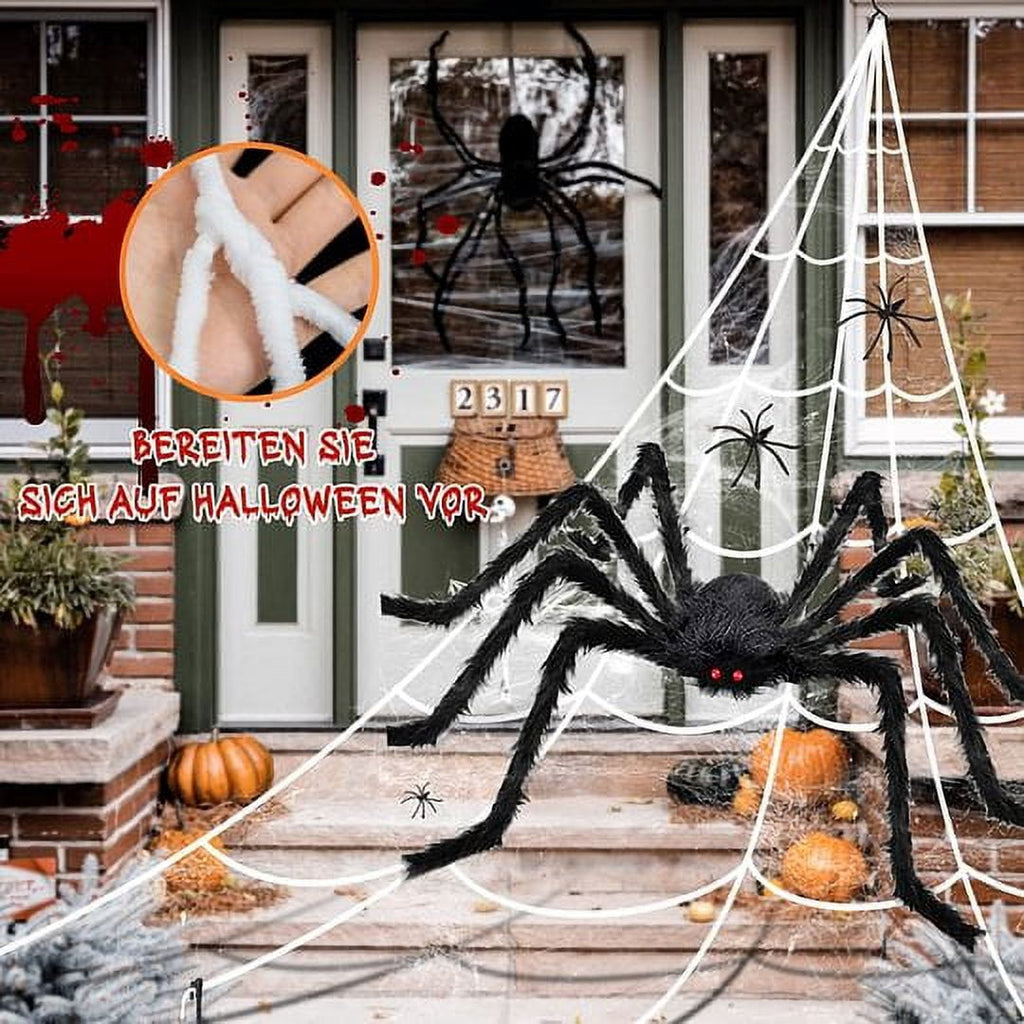 Halloween Decorations Outdoor Spider Webs: 1Pcs Giant Spiders - 200'' Triangular Web with Hook - Stretch Web and Ground Stakes for Large Halloween Decor and Haunted House Decoration