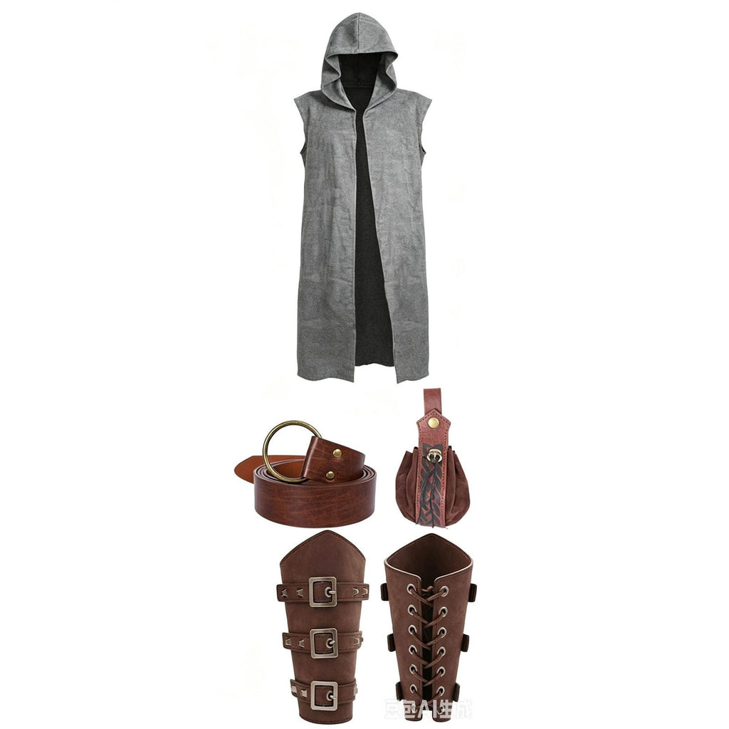 Men's Medieval Vintage Viking 5-Piece Cosplay Costume Set Sleeveless Hooded Cape Belt and Bracers for Halloween