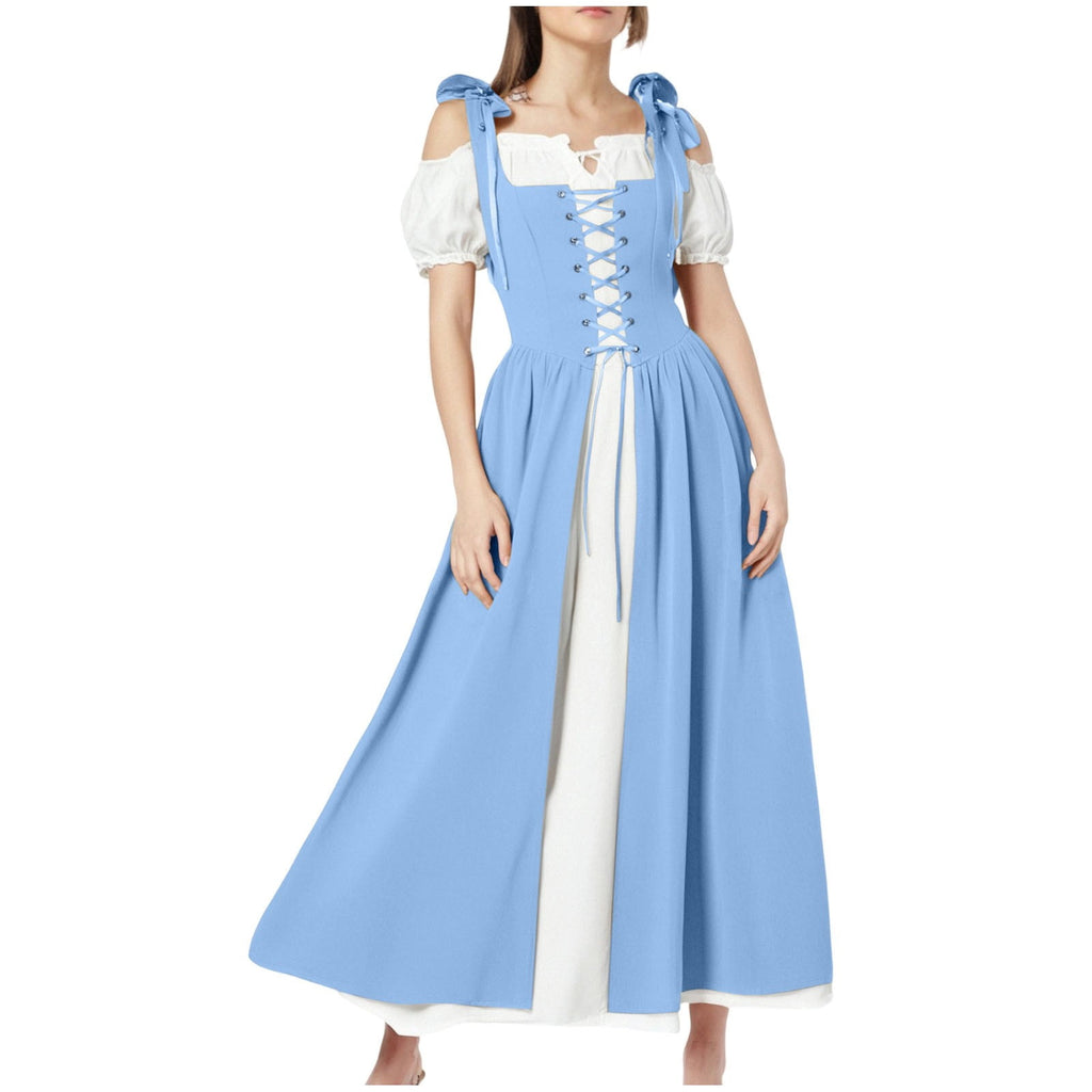 QATAINLAV Renaissance Costume Women Vintage Medieval Dress Cold Shoulder Short Sleeve Peasant Pirate Irish Maxi Dresses, Black, L