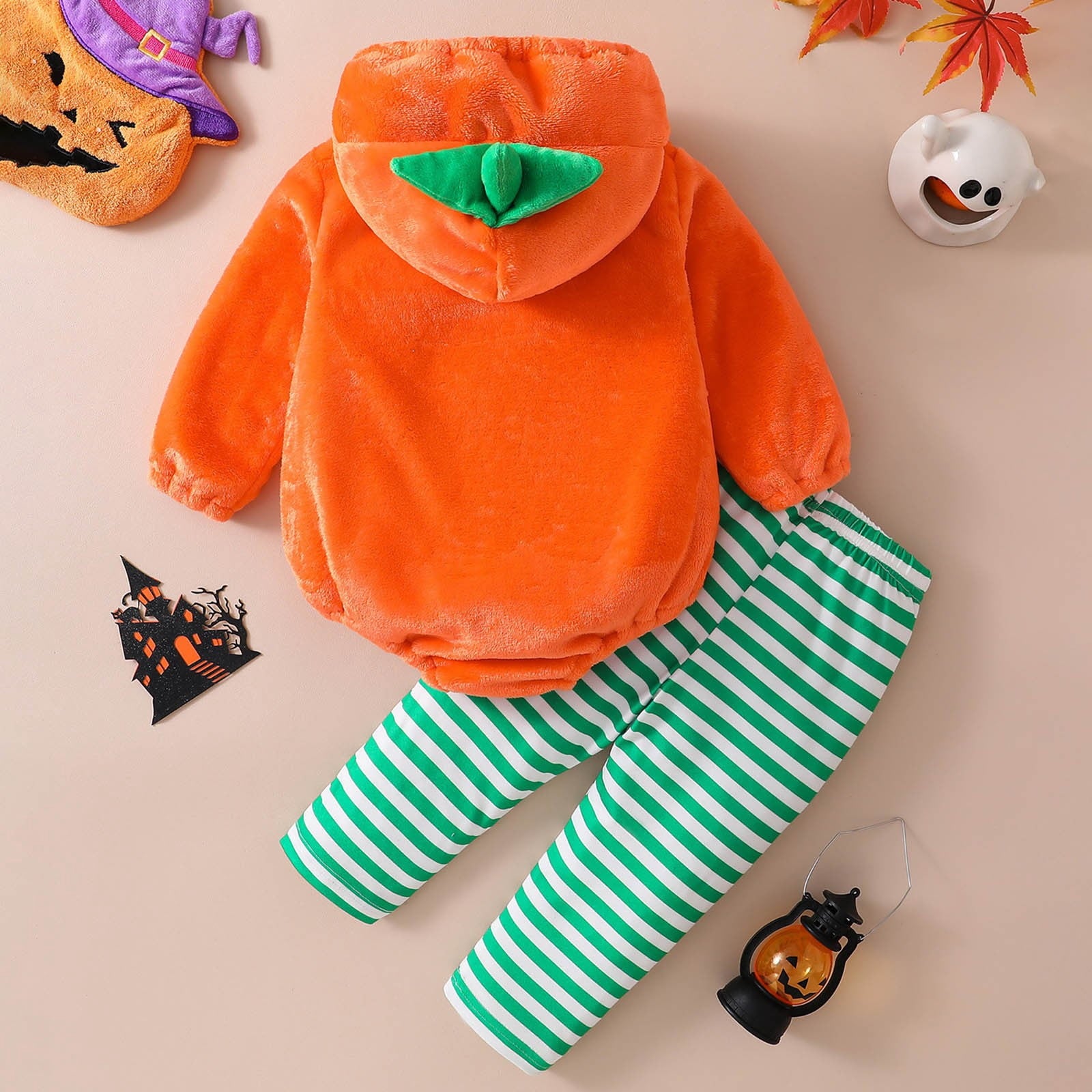 CUZIBR Girls Halloween Outfits Pumpkin Hooded Romper Striped Long Pants 2 Pieces Holiday Costume Set For Newborn Toddler Baby,Red,1-3 Months