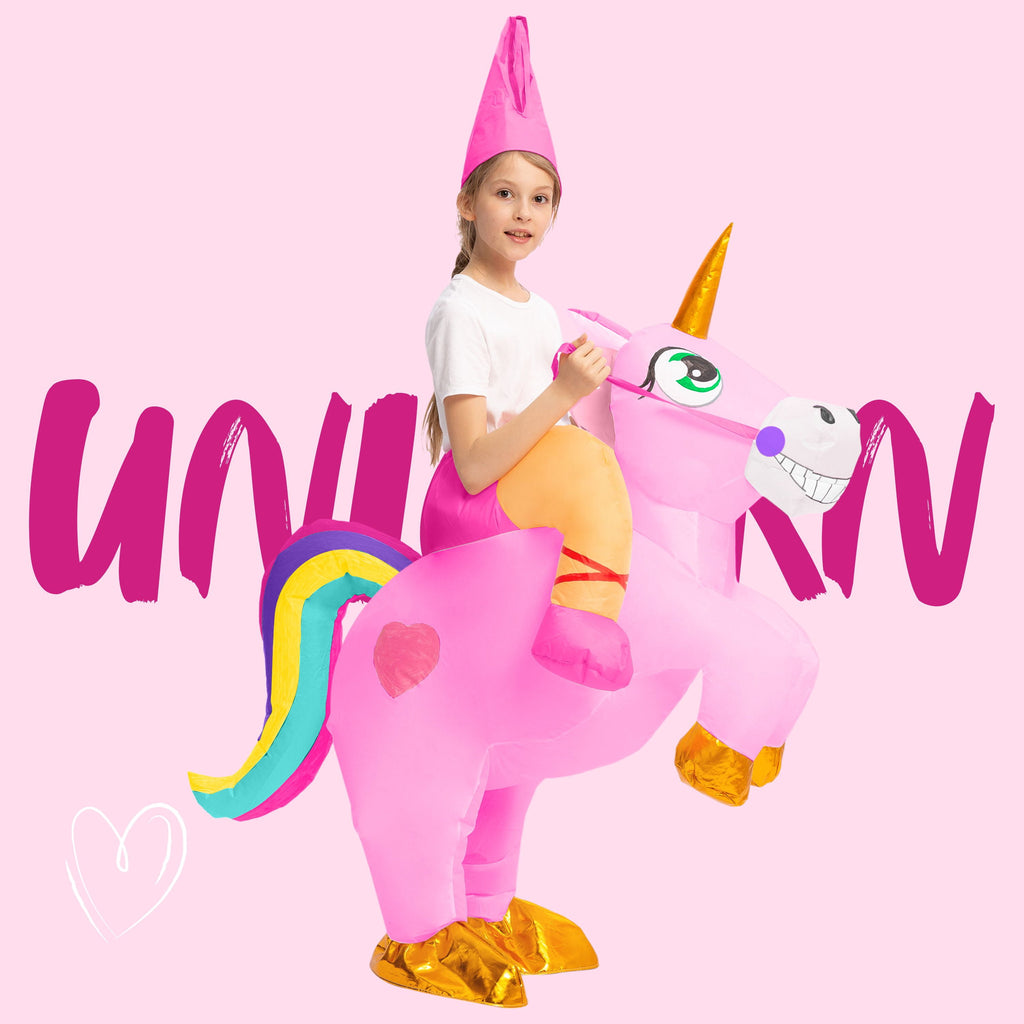 Joyfy Halloween Inflatable Unicorn Costume for Kids, Full Body Blow Up Ride on Unicorn Costume with Hood for Halloween Dress Up Party