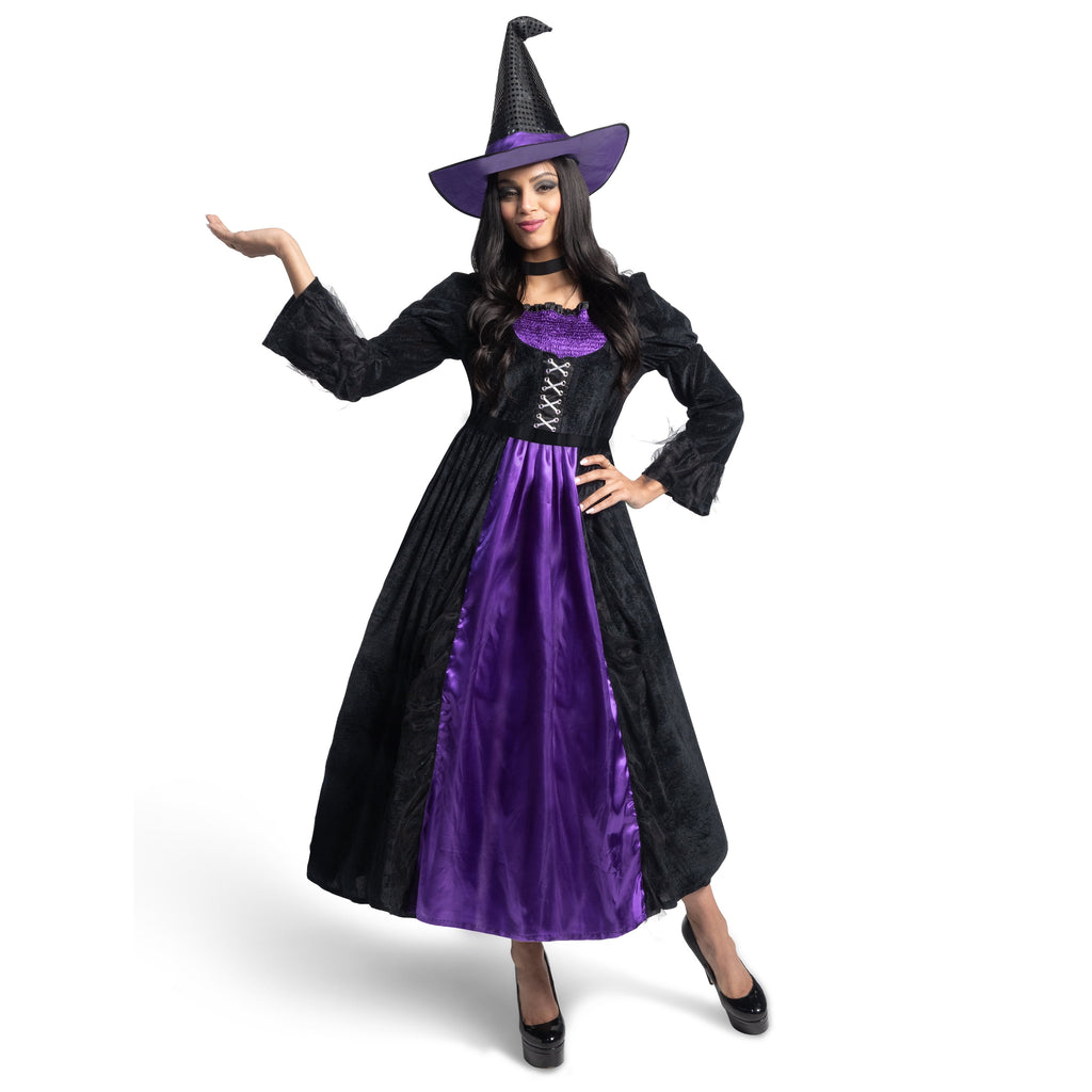 Joyfy Witch Costume for Women, Starry Witch Dress with Belt Hat for Adult Halloween Party Cosplay Dress up
