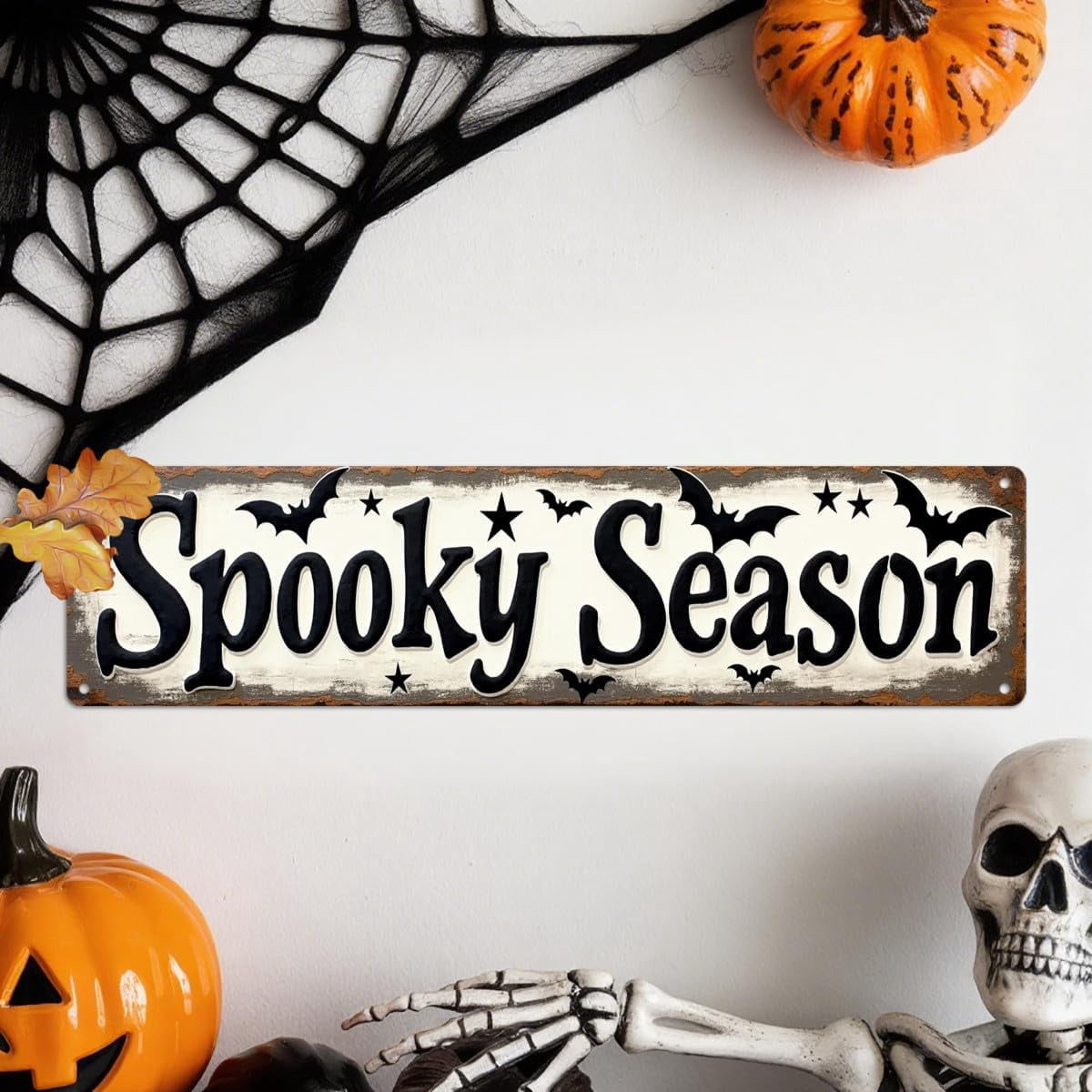 Spooky Season Metal Tin Sign Vintage Halloween Wall Decor 4x16 Inch Farmhouse Style Decorative Plaque for Living Room Entryway and Party