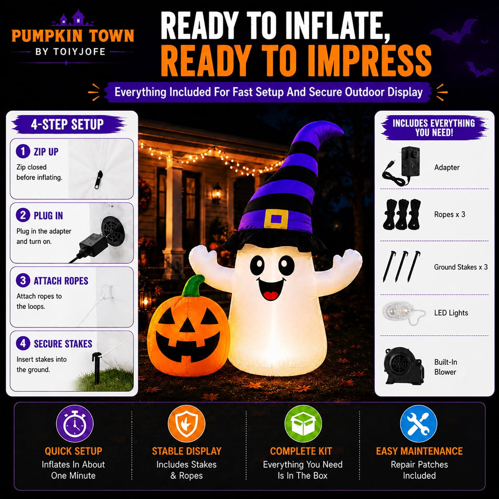 Toiyjofe 5.5 ft Halloween Inflatable Ghost with Pumpkin, LED Lighted Cute Halloween Yard Decoration for Porch, Lawn, Walkway & Party
