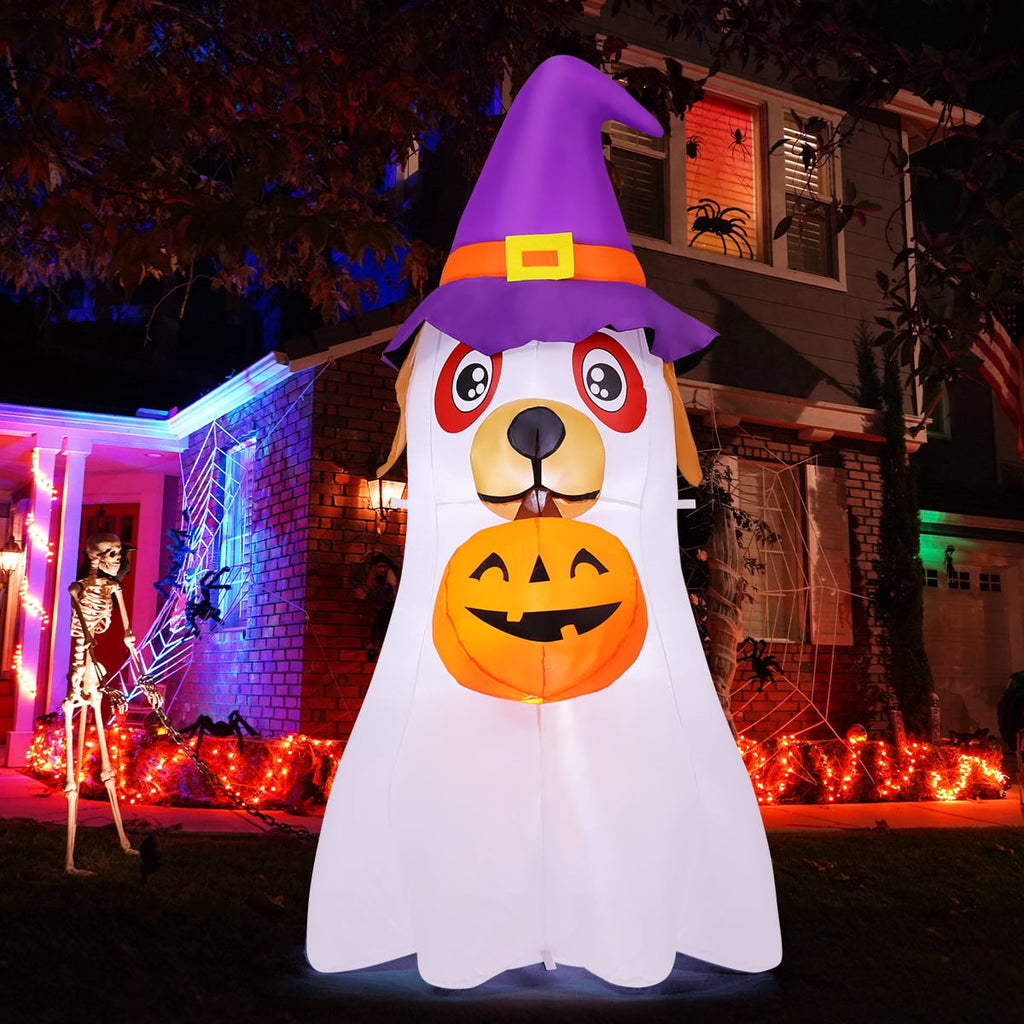 GOOSH Halloween Inflatables 6 FT Inflatable Ghost Dog with Pumpkin in Mouth & Witch Hat, Halloween Ghost Dog Inflatables with LED Lights, Outdoor Halloween Decorations for Halloween Holiday Party