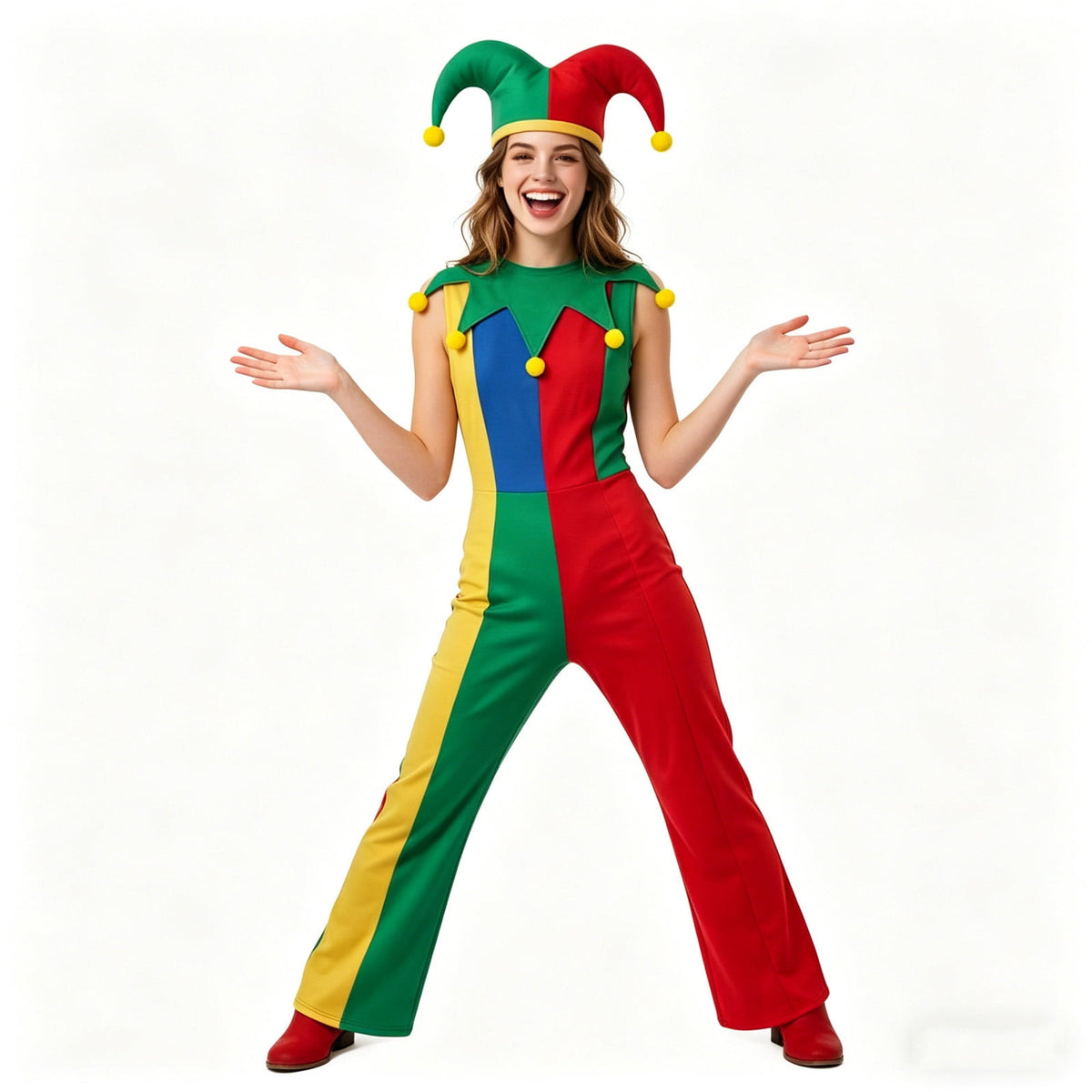 Clown Costume Set for Halloween Cosplay, Multicolor Circus Show Clown One-Piece Outfit Jumpsuit for Halloween Carnival Party Suit, Halloween Costume for Women, M