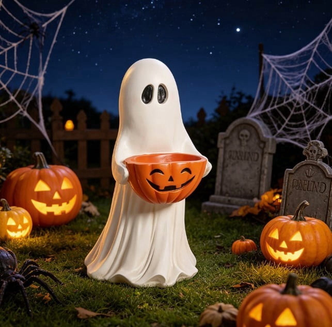 13.7" Halloween Ghost Figurine with Pumpkin Candy Bowl, Indoor Outdoor Safe Ghost Statue for Porch Yard Garden Decoration, Freestanding Halloween Porch Decor