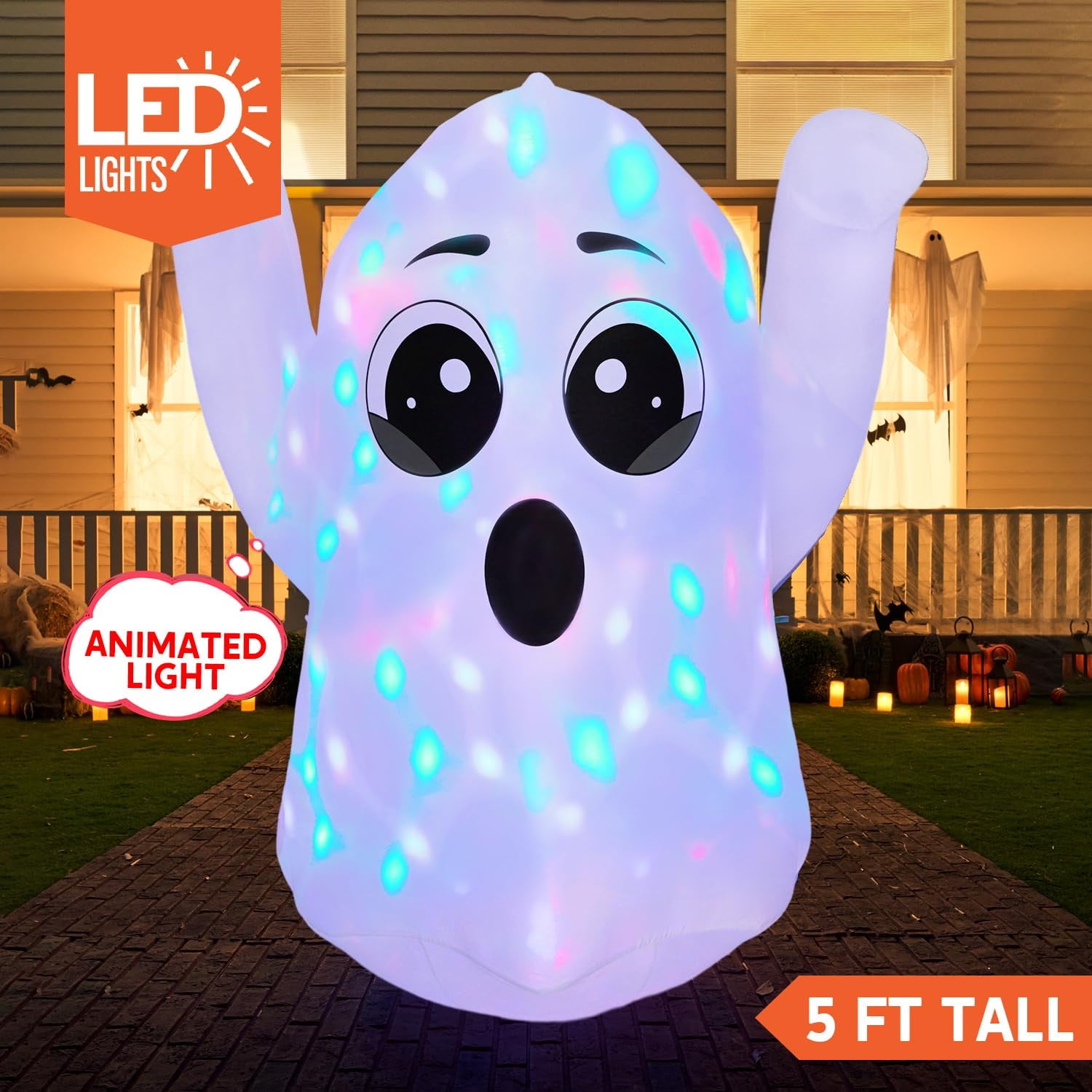 Joyfy 5Ft Halloween Inflatable Pumpkin Ghost with Colorful LED Lights,Halloween Blow Up Cute Decor for Indoor Outdoor Holiday Yard Decoration