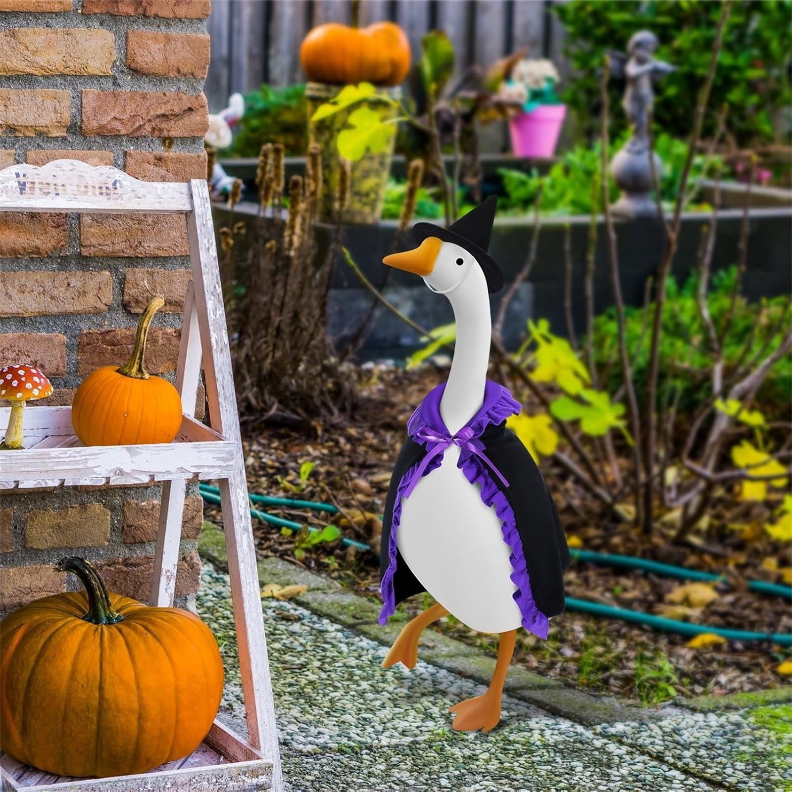 Bat Witch Hat Spiderweb Halloween Goose Clothes Fit 17/23In Cement Plastic Lawn Goose, Stylish Full Set for Outdoor Yard Patio Garden Seasonal Halloween Home Ornamental Arrangement