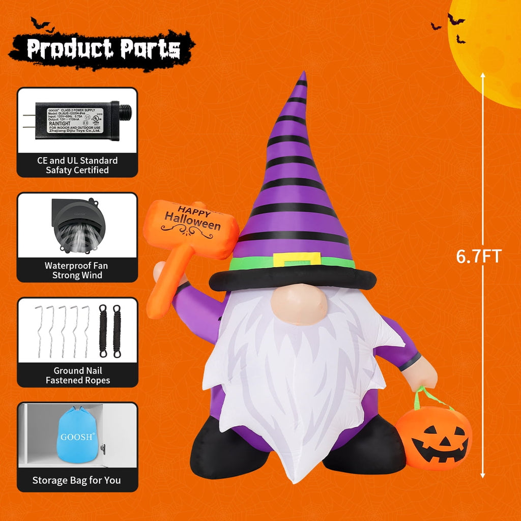GOOSH Halloween Inflatables 6.7 FT Inflatable Gnome with Built-in LED Lights, Cute Halloween Inflatable Gnome Blow up Gnome with Pumpkin, Outdoor Halloween Decorations for Halloween Holiday Party
