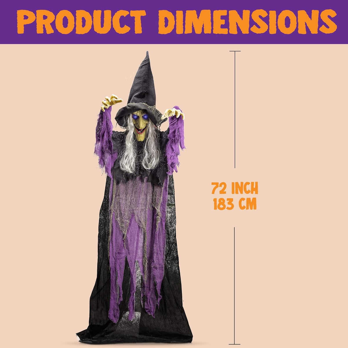 Joyfy 6ft Halloween Witch Decoration,Outdoor Scary Halloween Animatronic Hanging Witch with Light Up Eyes and Sound Decoration for Halloween Outdoor