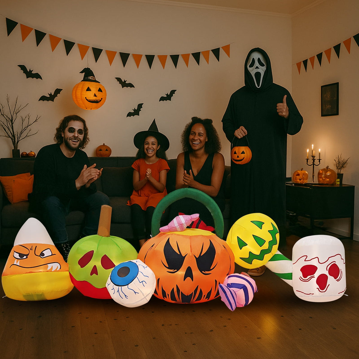 Zimtown 8 FT Halloween Inflatables Pumpkin Candy, Halloween Decoration Blow up Pumpkins and Eyes w/ Build-in LEDs for Halloween Party
