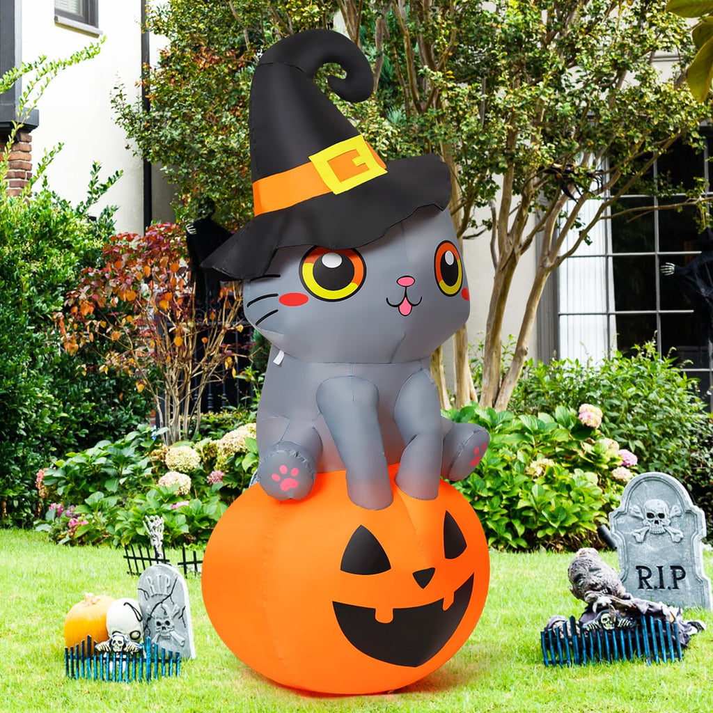 GOOSH Halloween Inflatable 6 FT Inflatable Halloween Cat Sitting on Pumpkin, Halloween Inflatable Cat Pumpkin with LED Lights, Funny Outdoor Halloween Decorations for Halloween/Holiday/Party