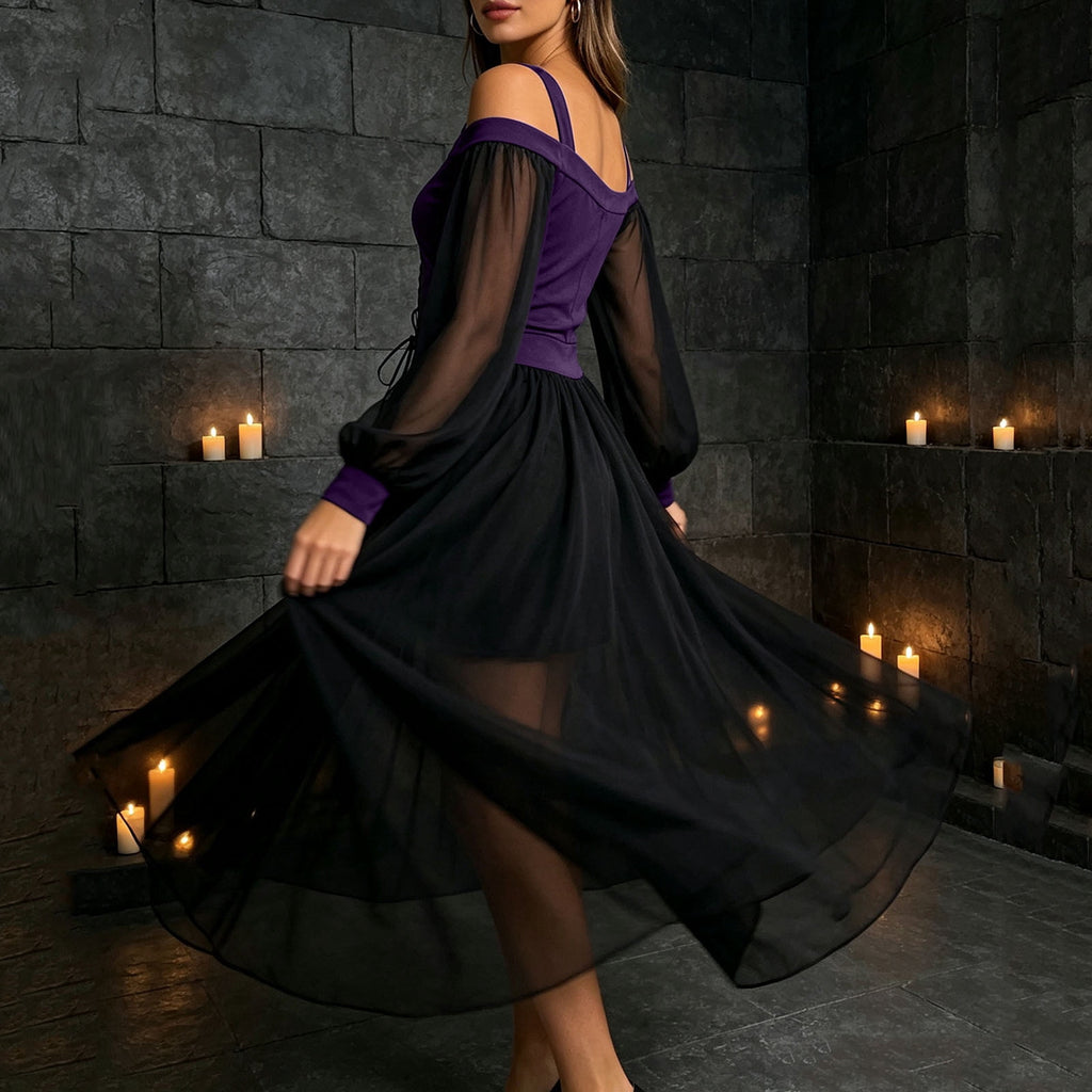 JOANKDMI Women's Gothic Midi Dress Elegant Vampire Costume Cold Shoulder Sheer Long Sleeve Lace-up Corset for Roleplay Halloween Party Outfit Chic, S-3XL
